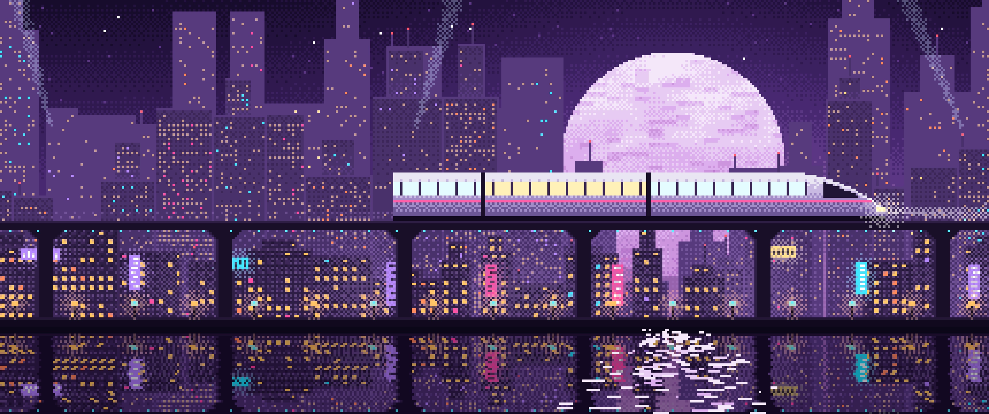 Dark Purple Pixel Art Cyberpunk Monorail and Moon ultrawide wallpaper, 3440 × 1440