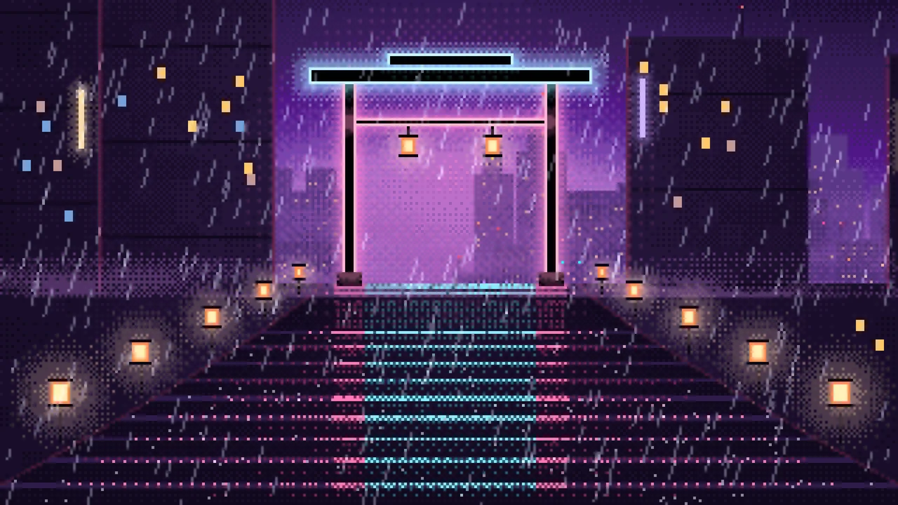 Dark Purple Pixel Art Cyberpunk Neon Gate in the Rain desktop wallpaper in 4K