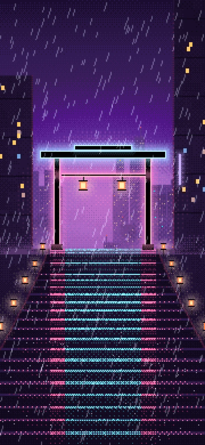 Dark Purple Pixel Art Cyberpunk Neon Gate in the Rain wallpaper for iPhone and Android