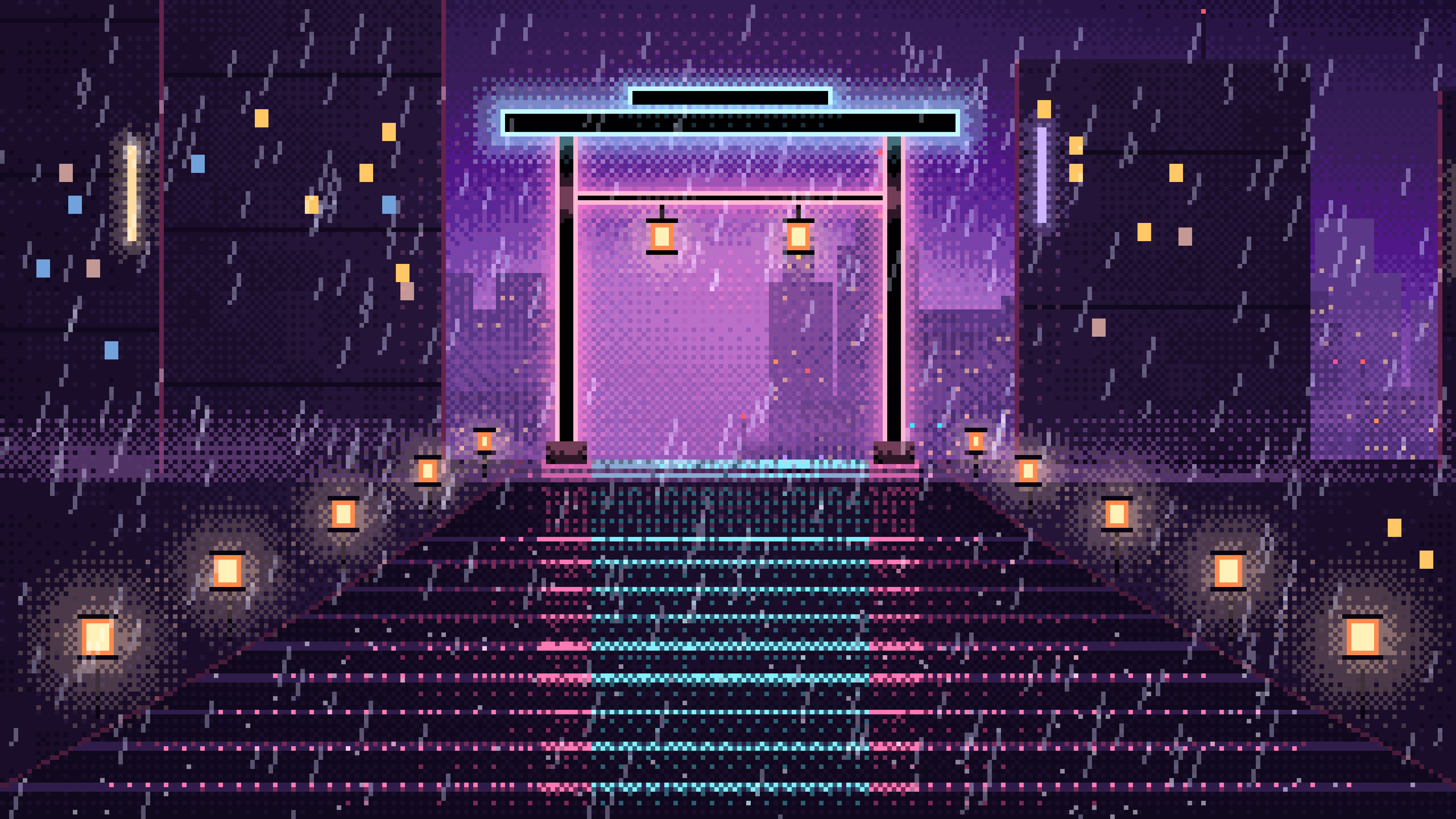 Dark Purple Pixel Art Cyberpunk Neon Gate in the Rain desktop wallpaper in 4K
