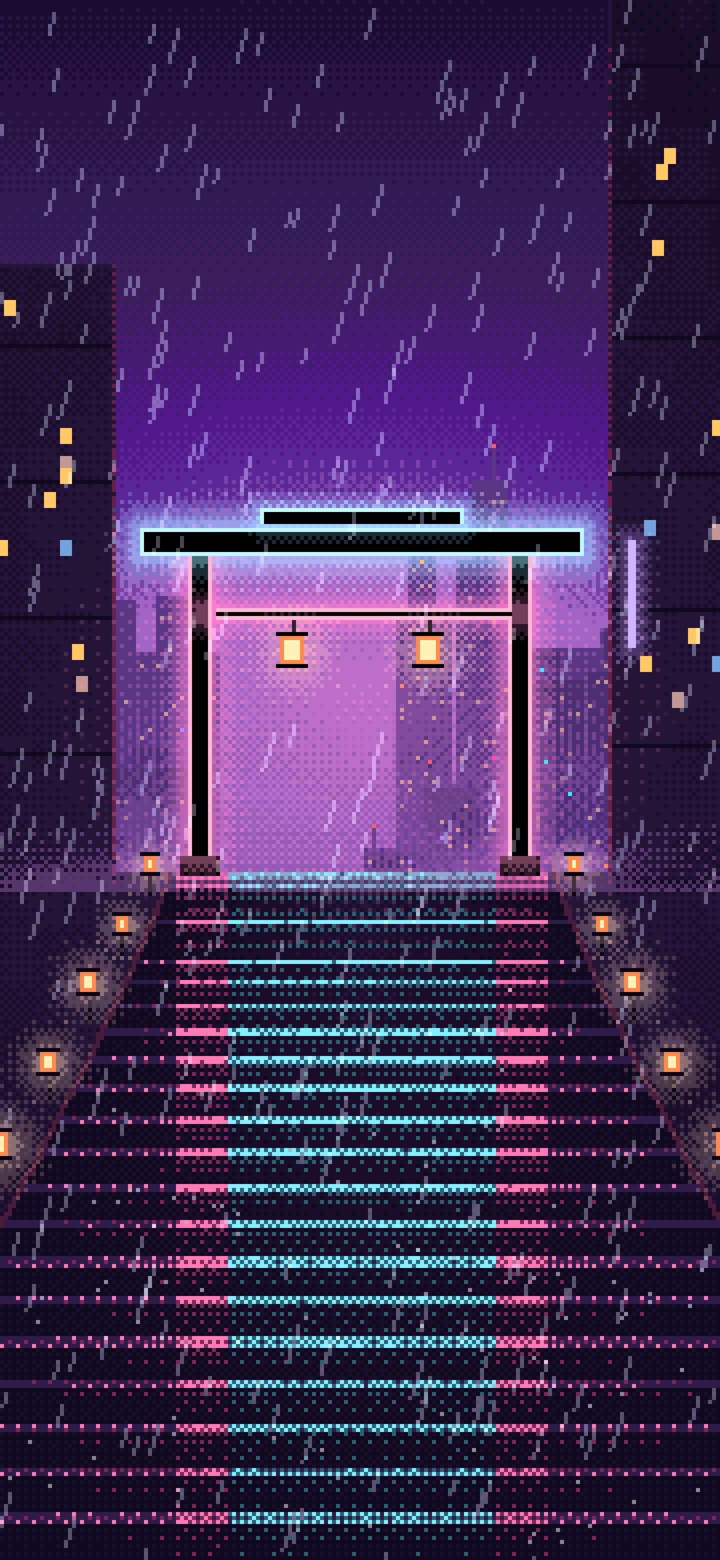 Dark Purple Pixel Art Cyberpunk Neon Gate in the Rain wallpaper for iPhone and Android