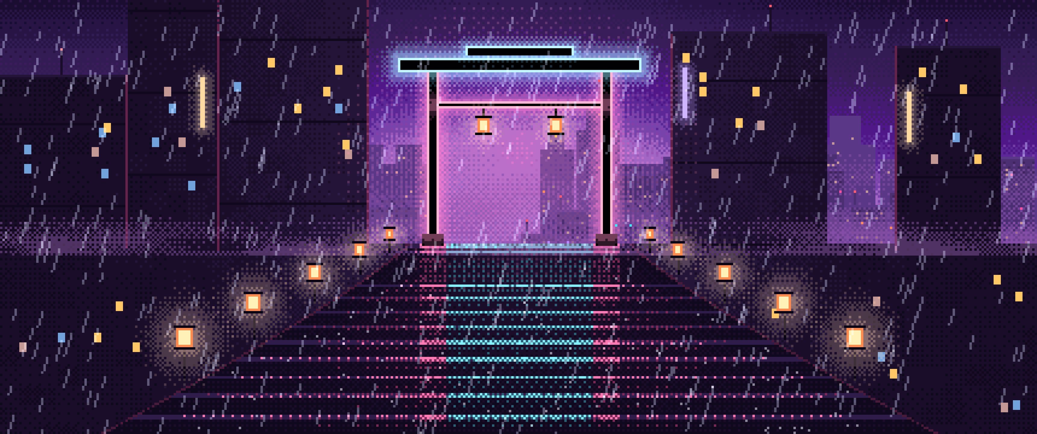 Dark Purple Pixel Art Cyberpunk Neon Gate in the Rain ultrawide wallpaper, 3440 × 1440