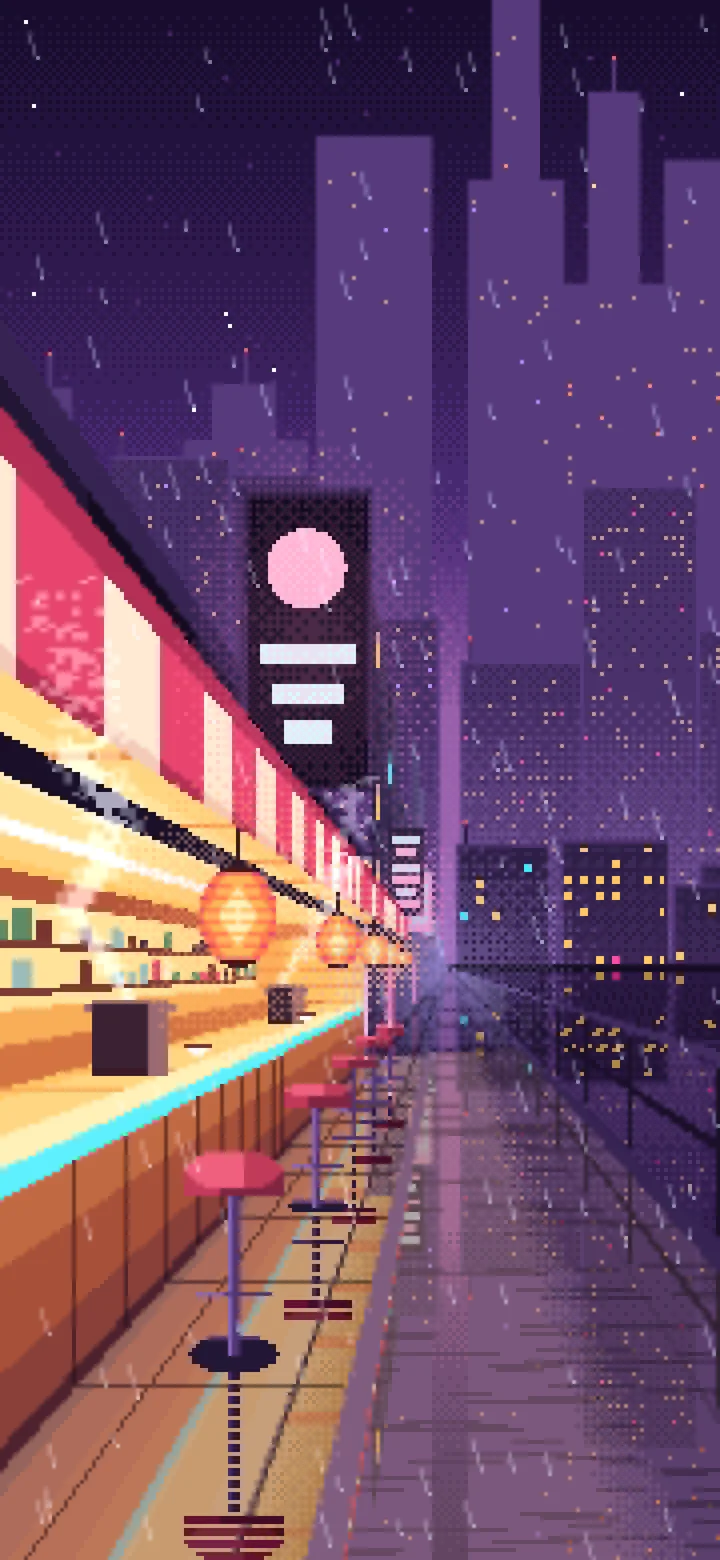 Dark Purple Pixel Art Cyberpunk Noodle Bar in the Rain wallpaper for iPhone and Android
