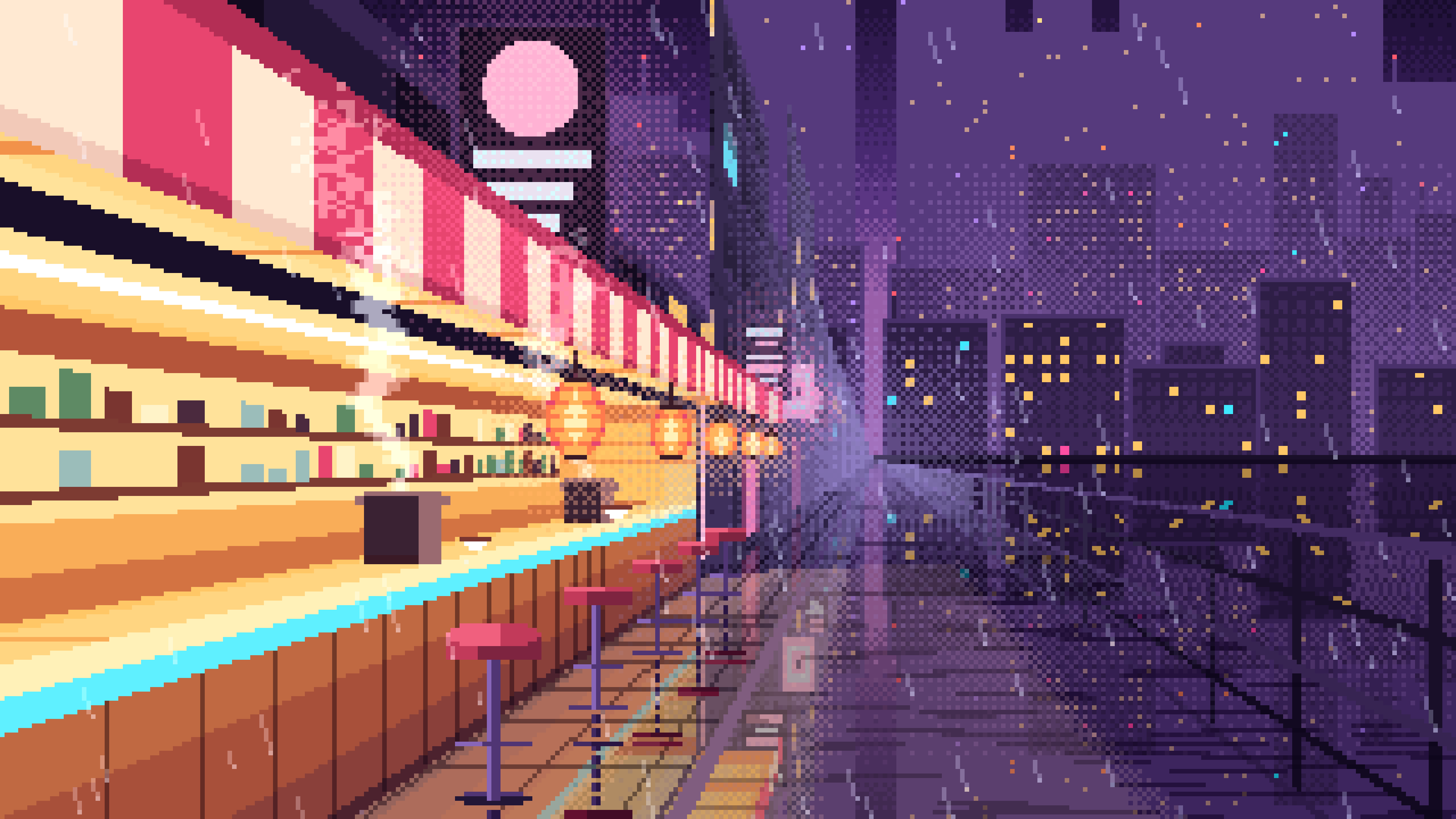 Dark Purple Pixel Art Cyberpunk Noodle Bar in the Rain desktop wallpaper in 4K