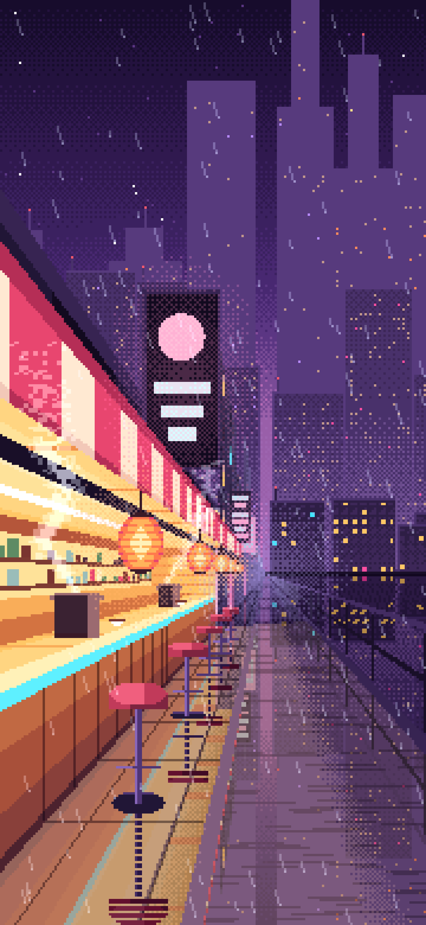 Dark Purple Pixel Art Cyberpunk Noodle Bar in the Rain wallpaper for iPhone and Android