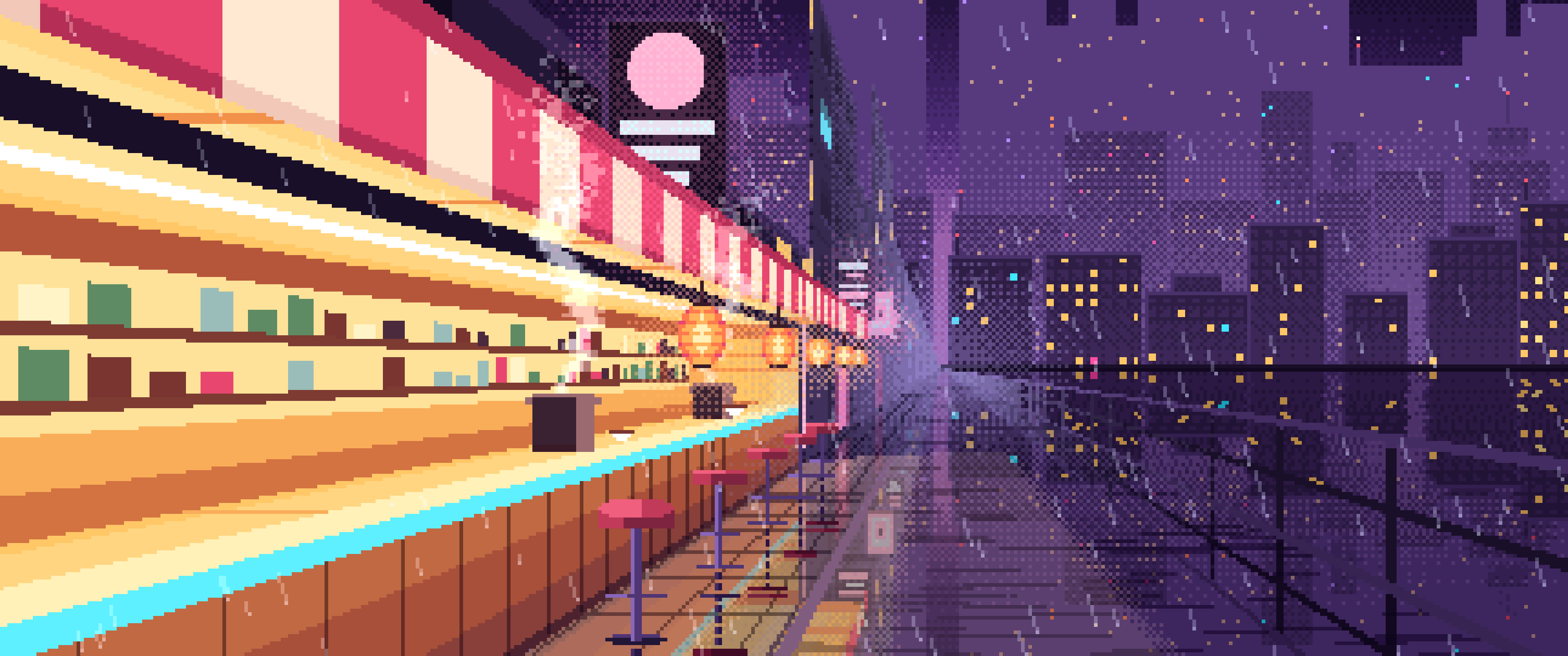 Dark Purple Pixel Art Cyberpunk Noodle Bar in the Rain ultrawide wallpaper, 3440 × 1440