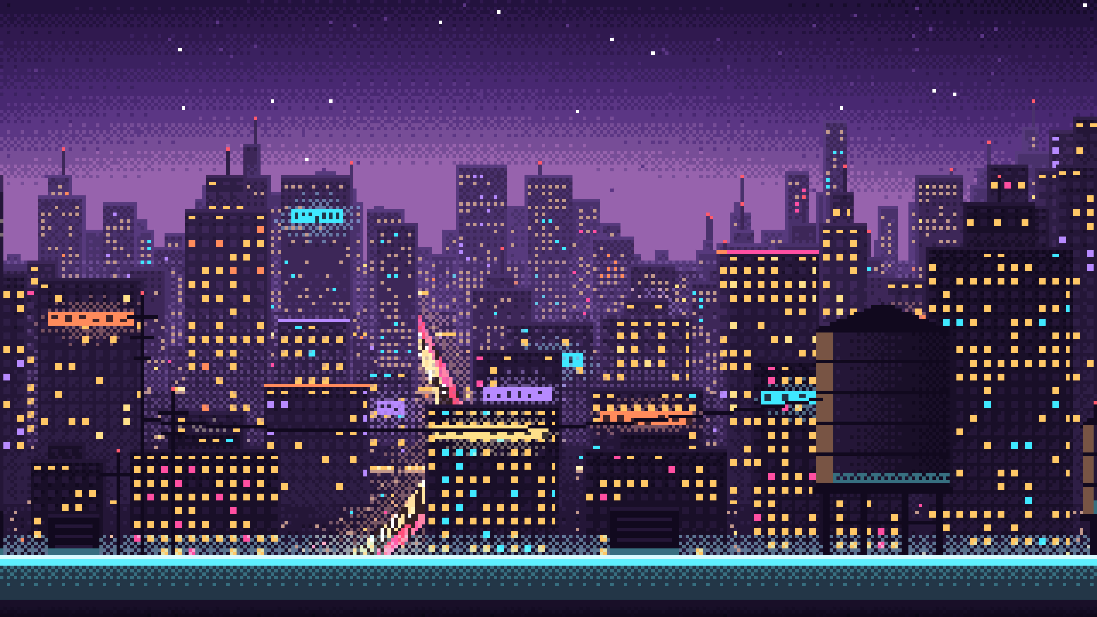 Dark Purple Pixel Art Cyberpunk Rooftop City View desktop wallpaper in 4K