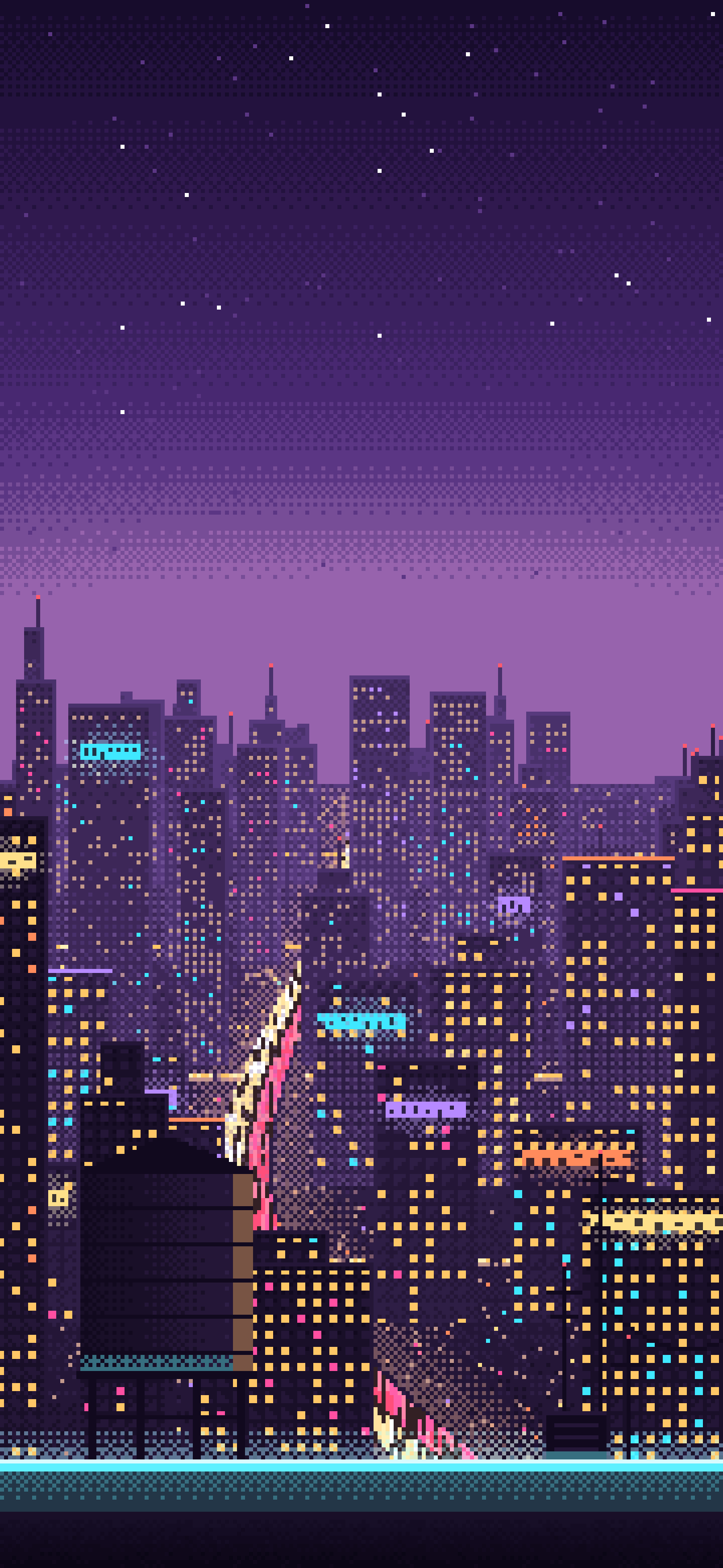 Dark Purple Pixel Art Cyberpunk Rooftop City View wallpaper for iPhone and Android