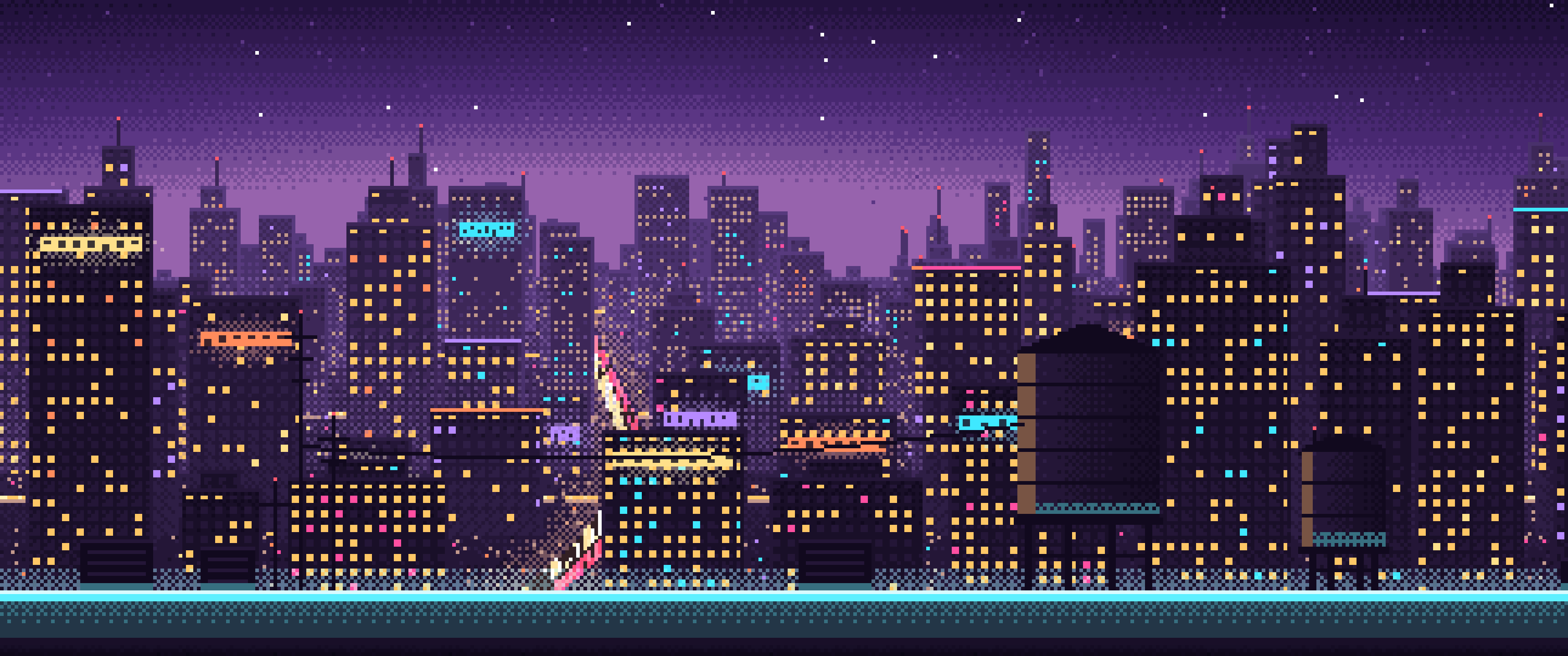 Dark Purple Pixel Art Cyberpunk Rooftop City View ultrawide wallpaper, 3440 × 1440