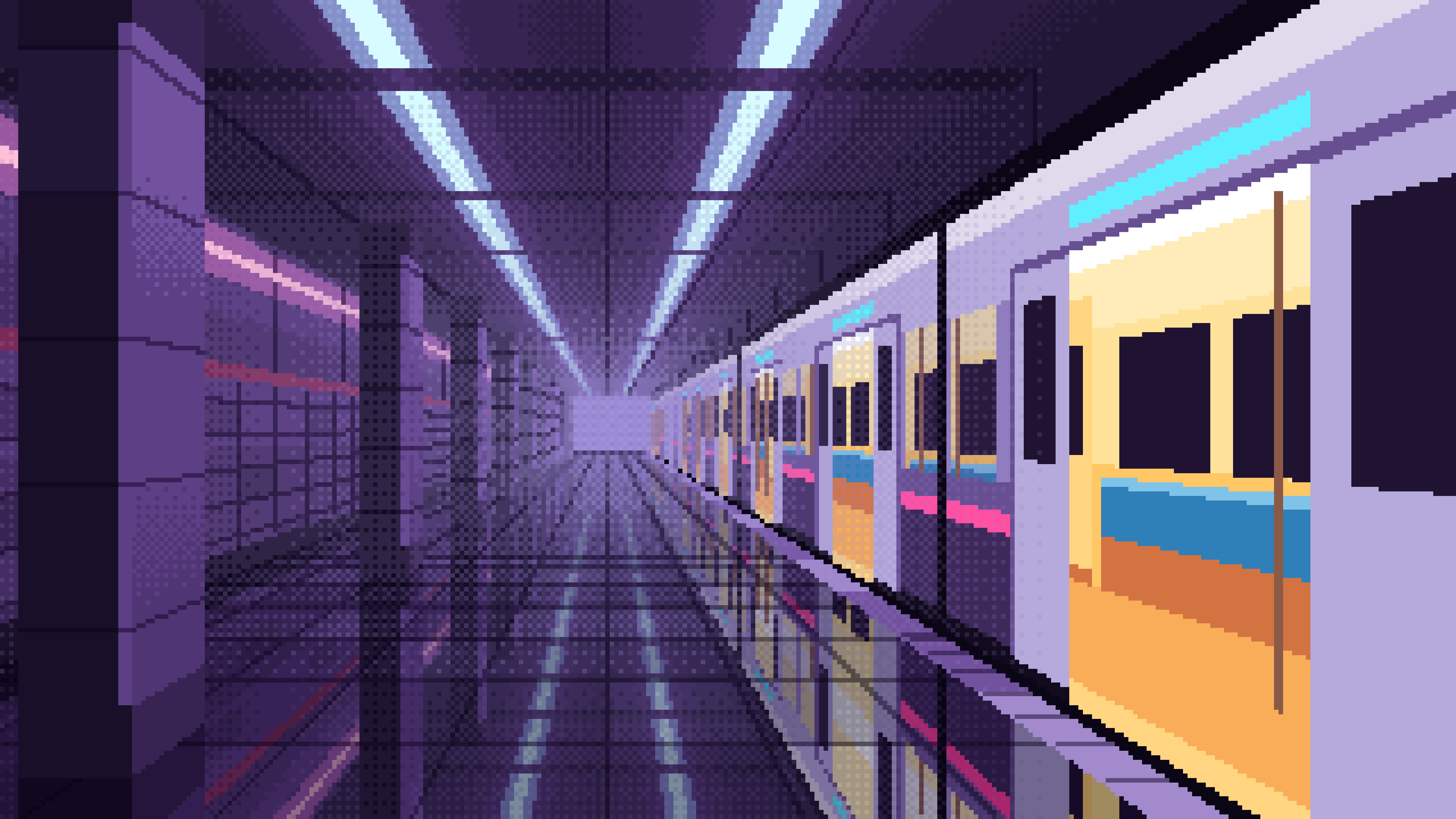 Dark Purple Pixel Art Cyberpunk Subway Station at Night desktop wallpaper in 4K
