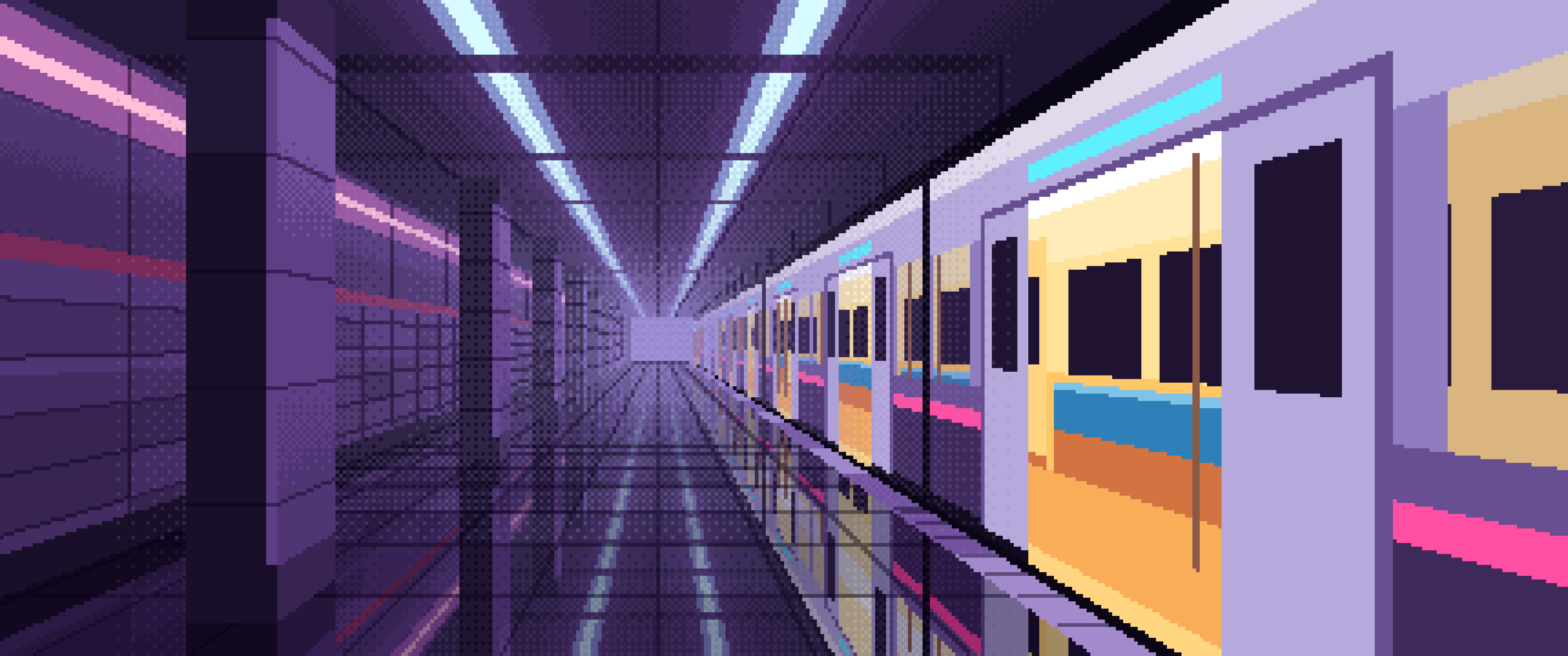 Dark Purple Pixel Art Cyberpunk Subway Station at Night ultrawide wallpaper, 3440 × 1440
