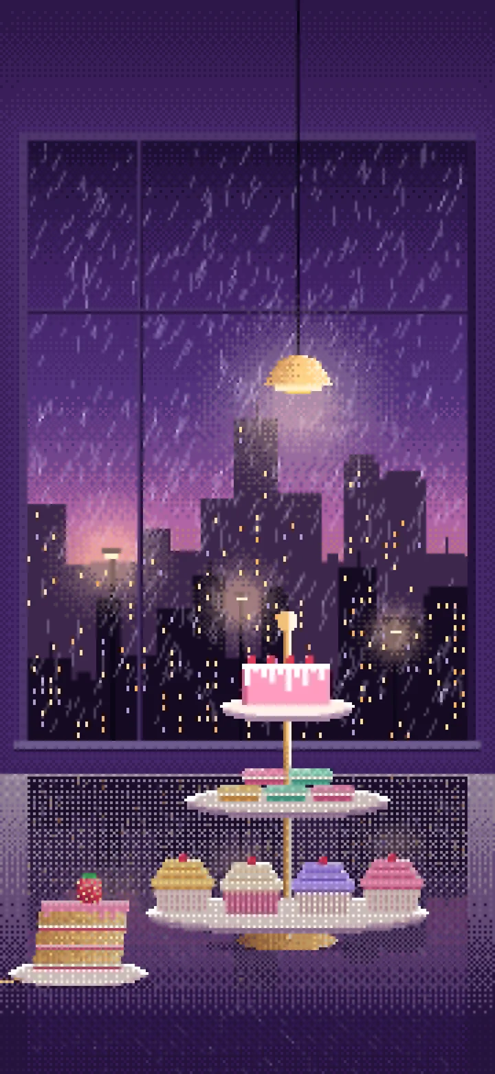 Dark Purple Pixel Art Desserts by a Rainy Window wallpaper for iPhone and Android