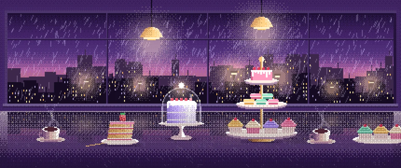 Dark Purple Pixel Art Desserts by a Rainy Window ultrawide wallpaper, 3440 × 1440