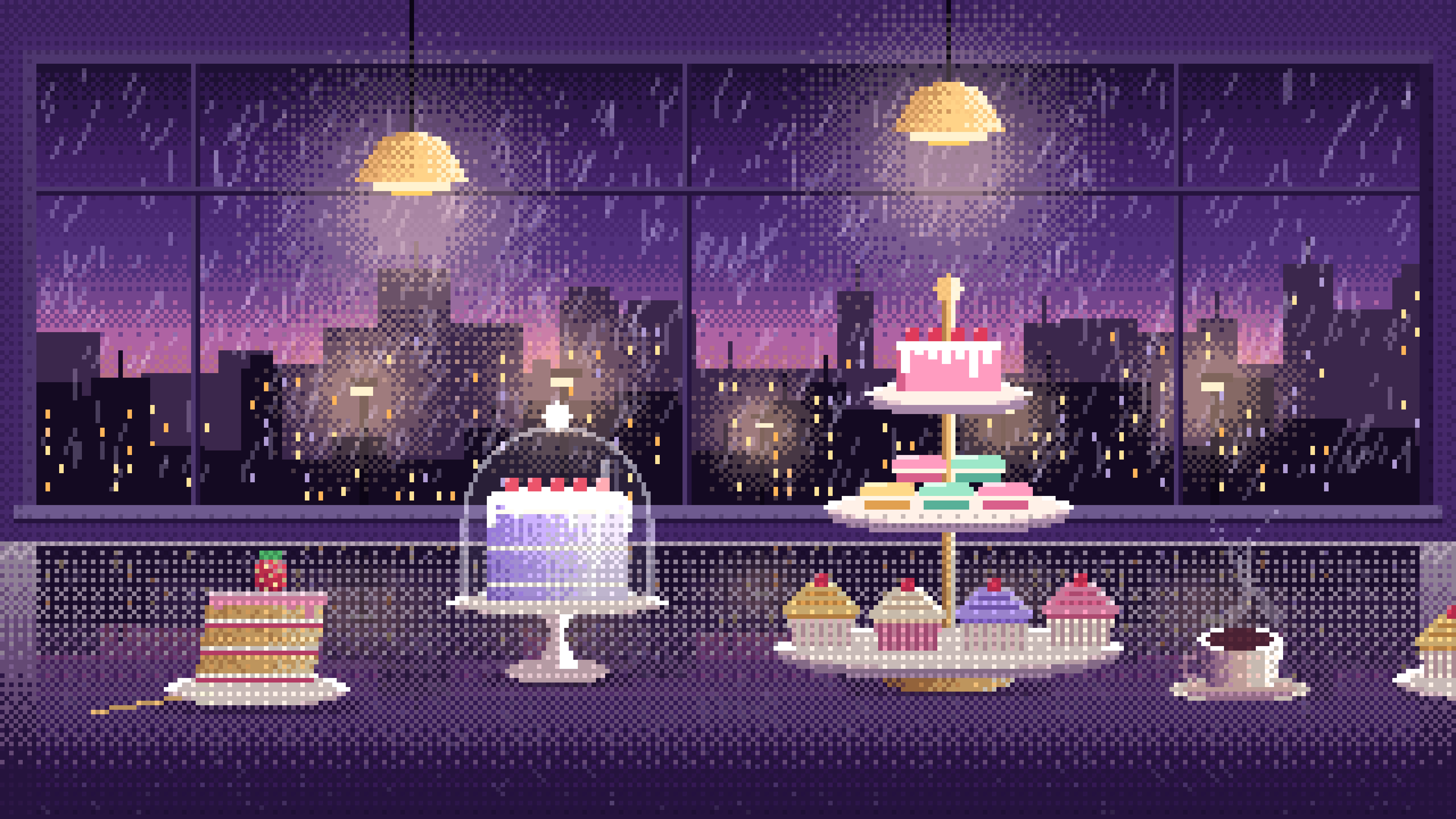 Dark Purple Pixel Art Desserts by a Rainy Window desktop wallpaper in 4K