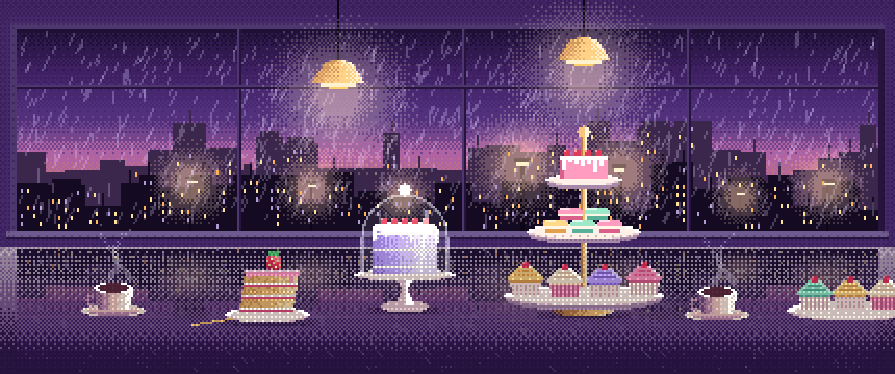 Dark Purple Pixel Art Desserts by a Rainy Window ultrawide wallpaper, 3440 × 1440