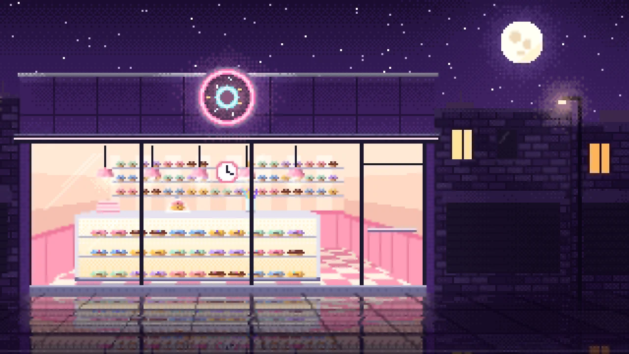 Dark Purple Pixel Art Donut Shop desktop wallpaper in 4K