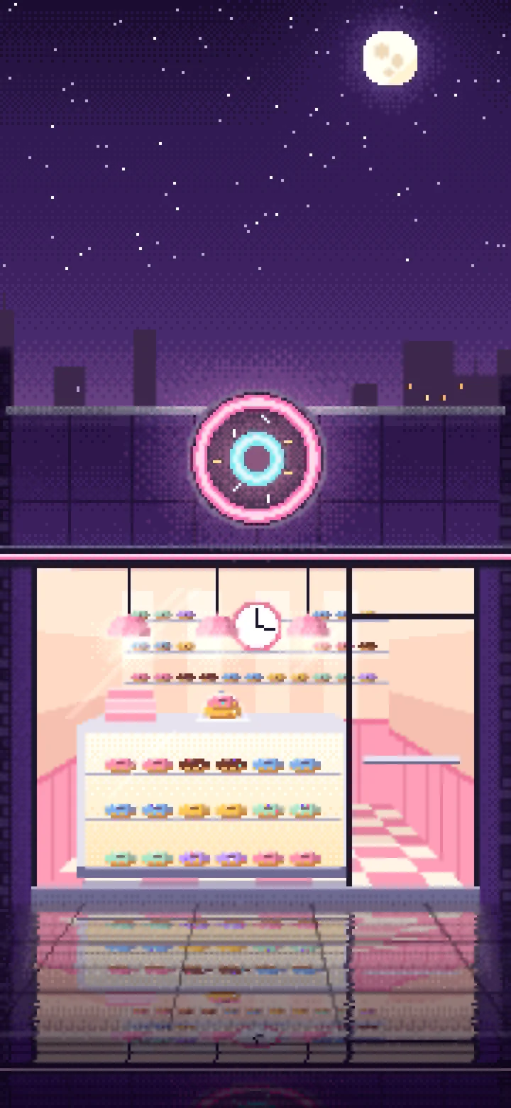 Dark Purple Pixel Art Donut Shop wallpaper for iPhone and Android