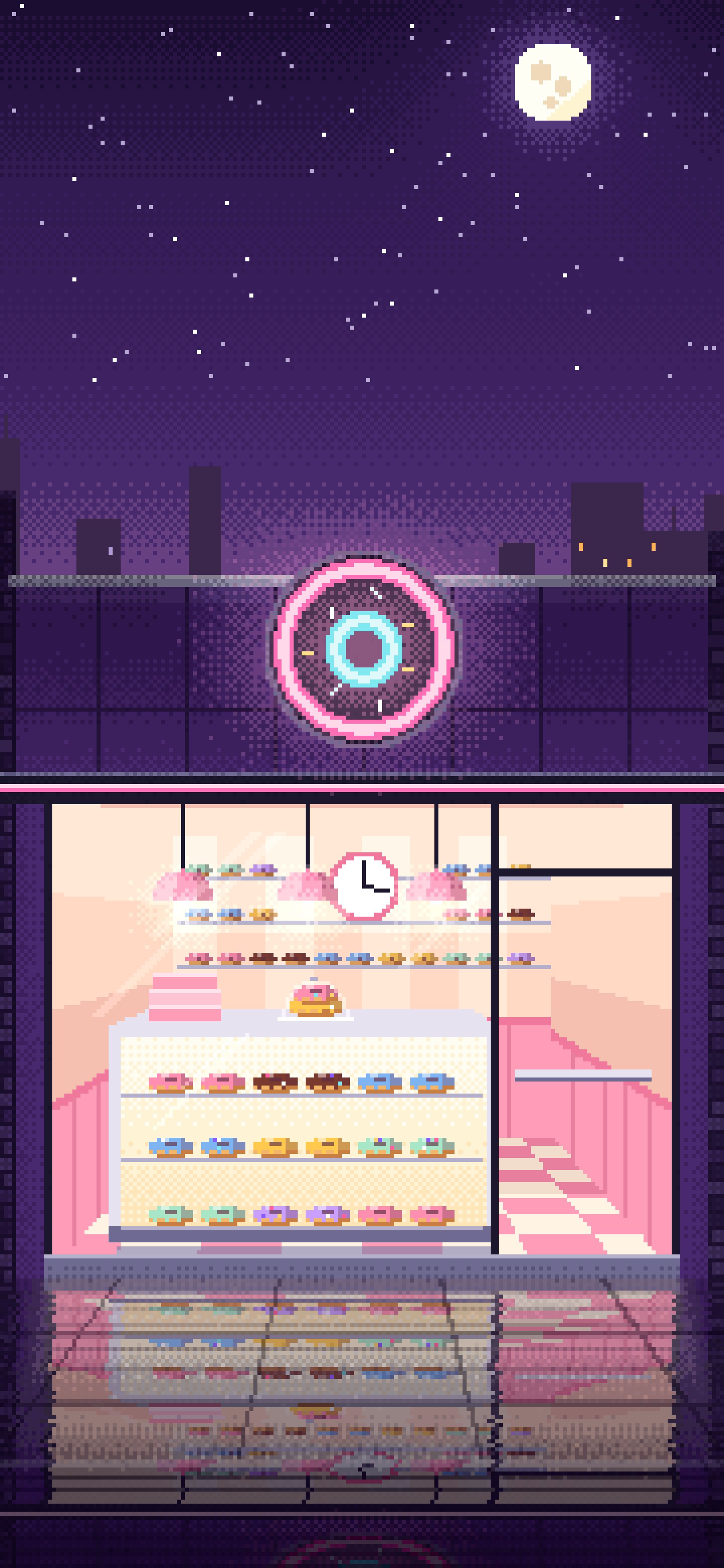Dark Purple Pixel Art Donut Shop wallpaper for iPhone and Android