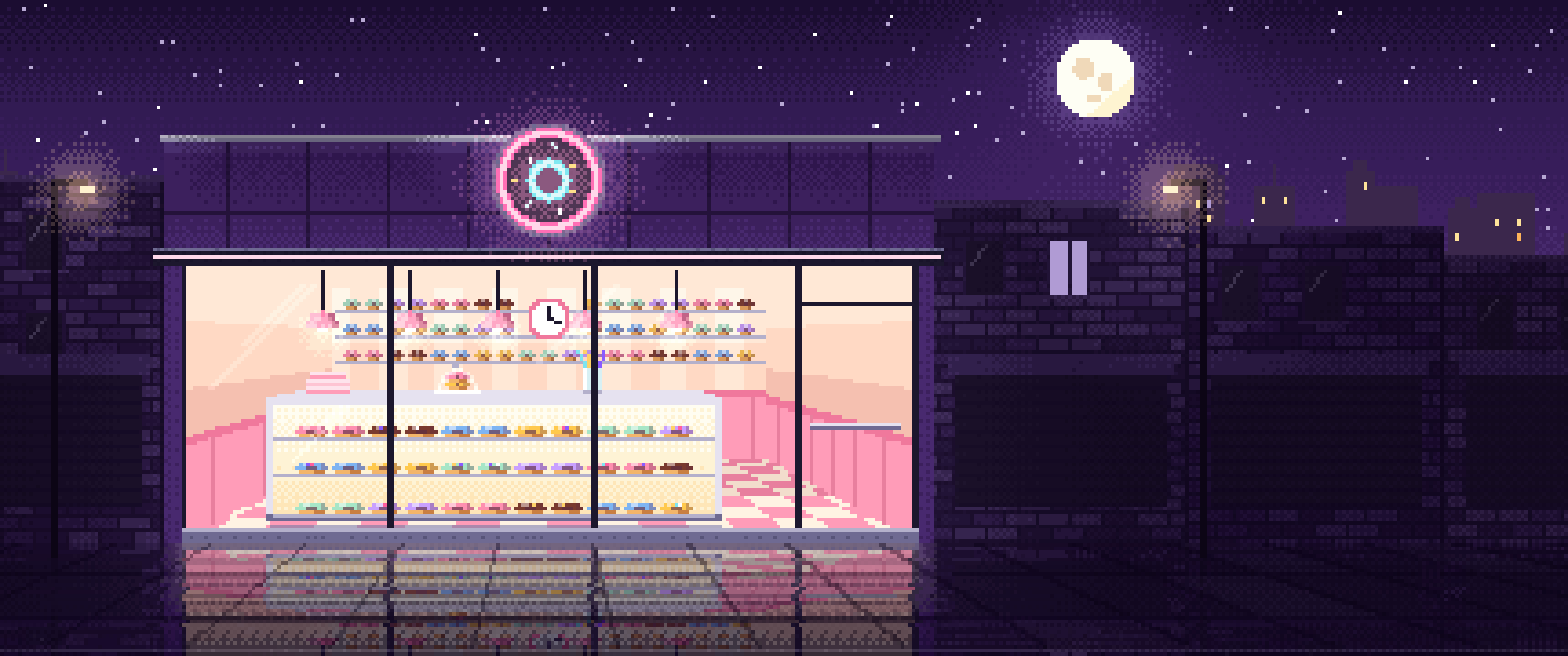 Dark Purple Pixel Art Donut Shop ultrawide wallpaper, 3440 × 1440