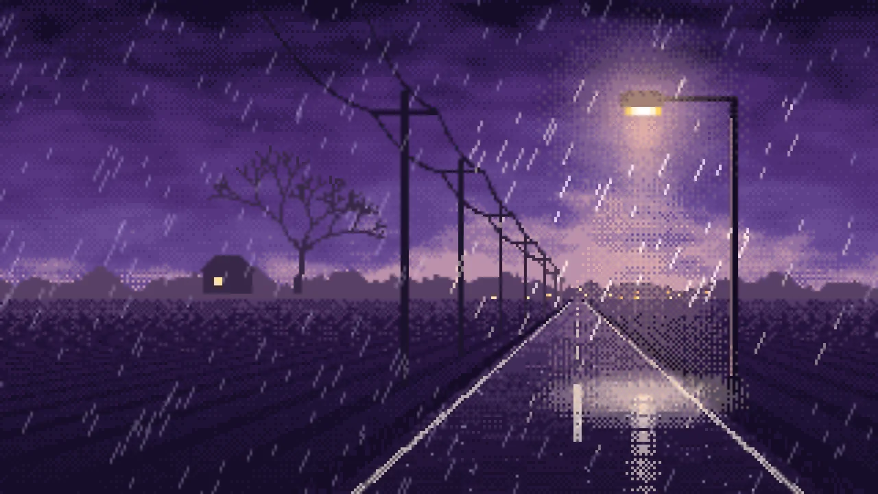 Dark Purple Pixel Art Empty Road in the Rain at Night desktop wallpaper in 4K