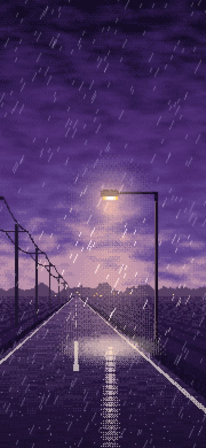 Dark Purple Pixel Art Empty Road in the Rain at Night wallpaper for iPhone and Android