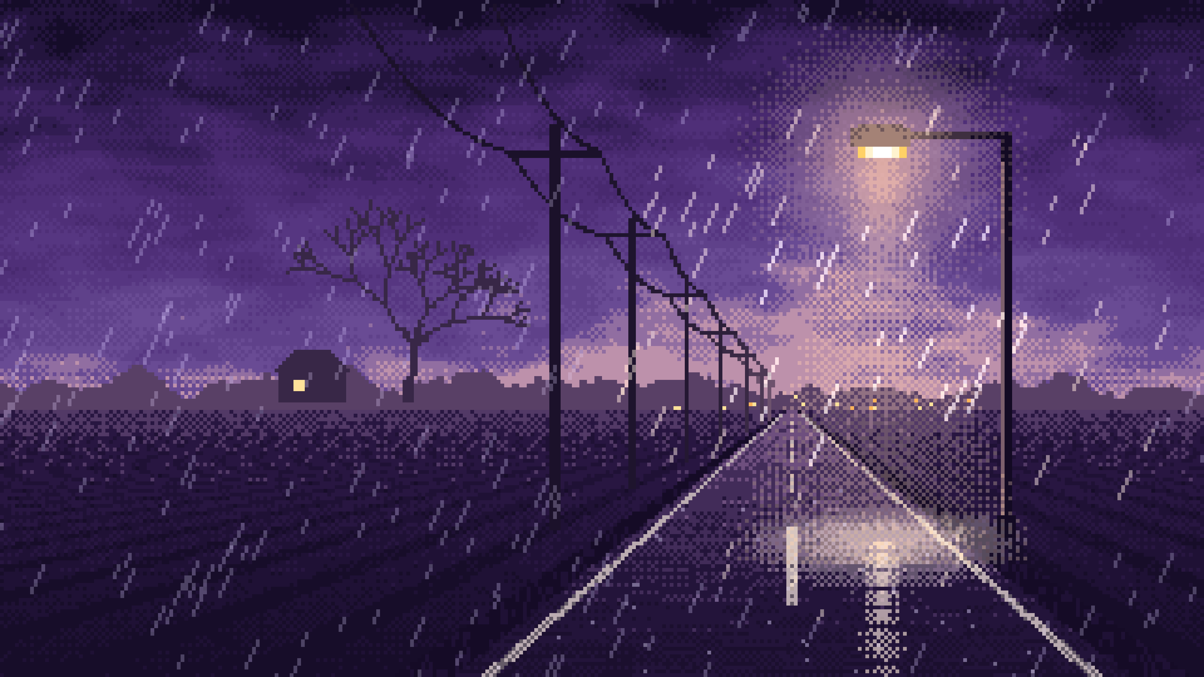 Dark Purple Pixel Art Empty Road in the Rain at Night desktop wallpaper in 4K