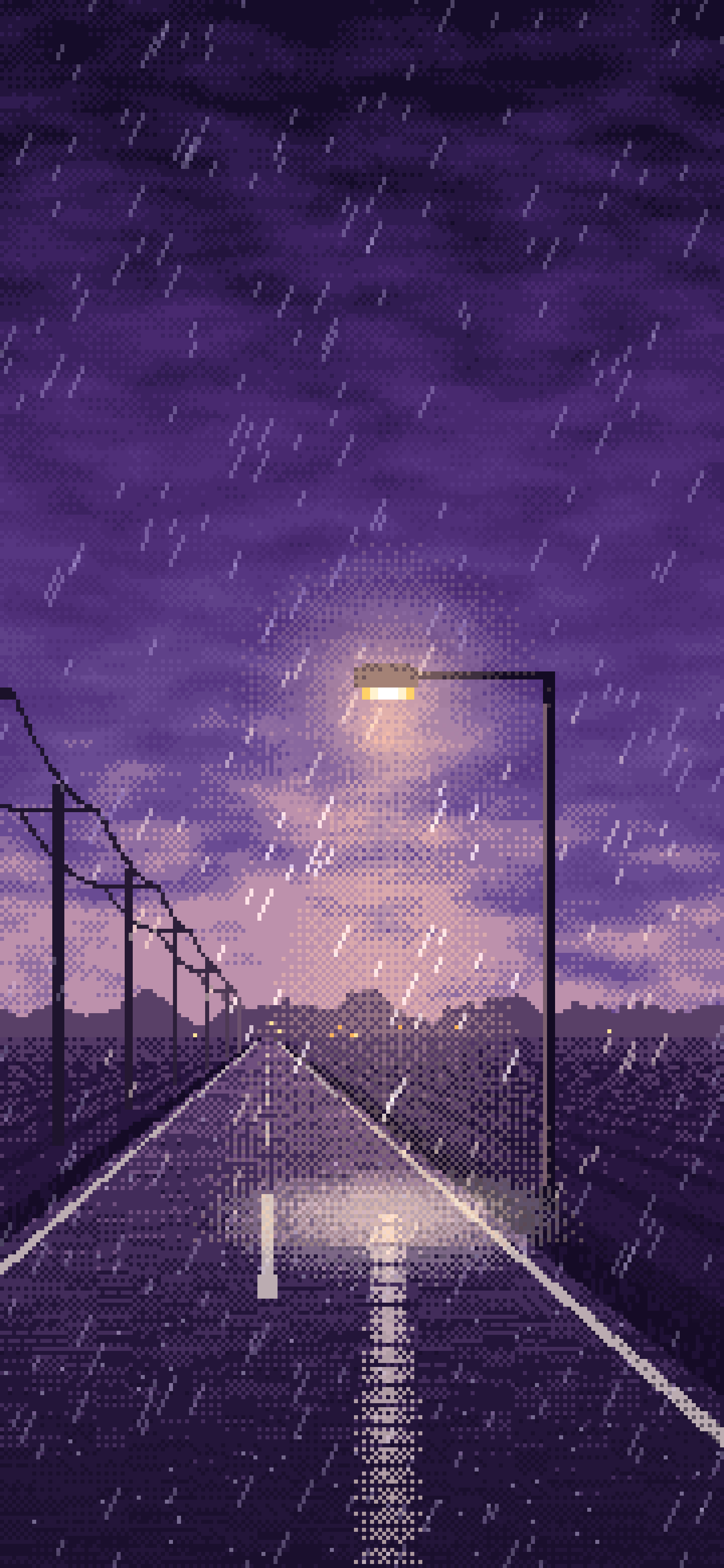 Dark Purple Pixel Art Empty Road in the Rain at Night wallpaper for iPhone and Android