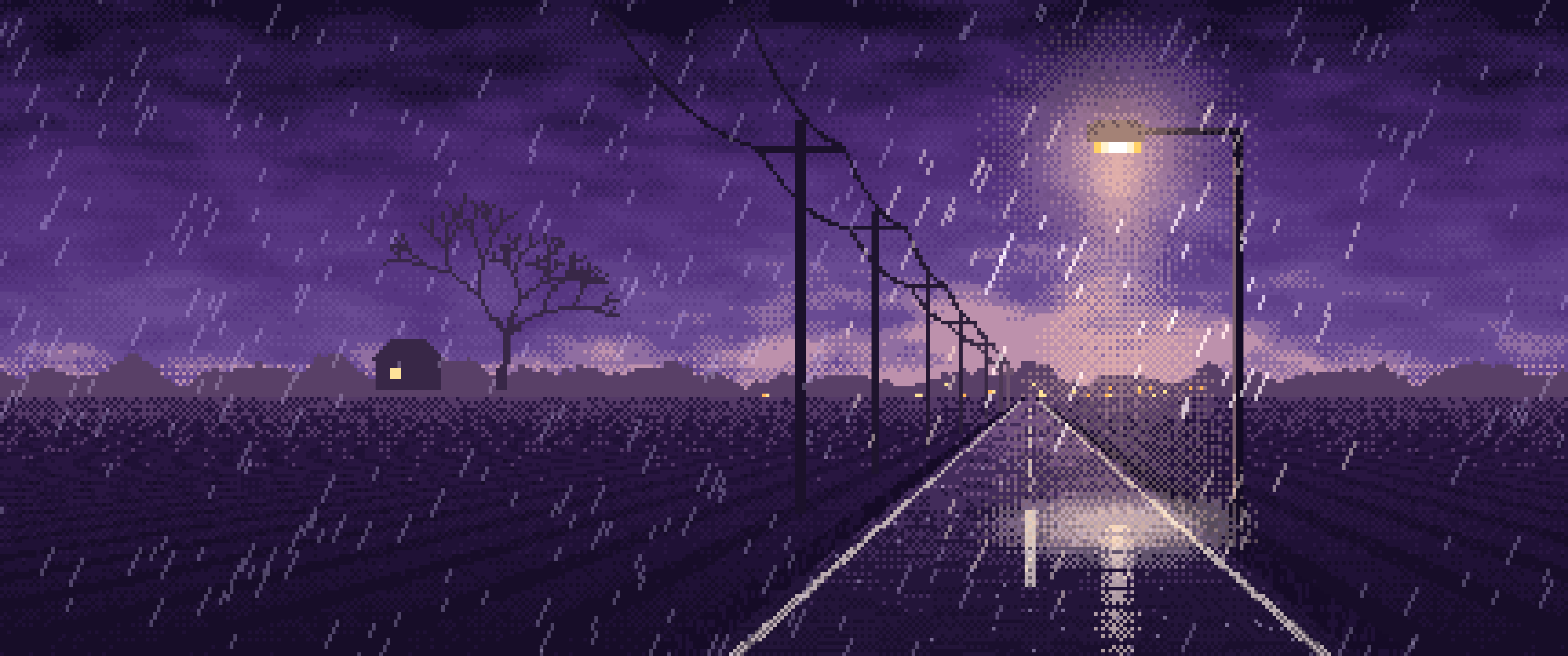Dark Purple Pixel Art Empty Road in the Rain at Night ultrawide wallpaper, 3440 × 1440
