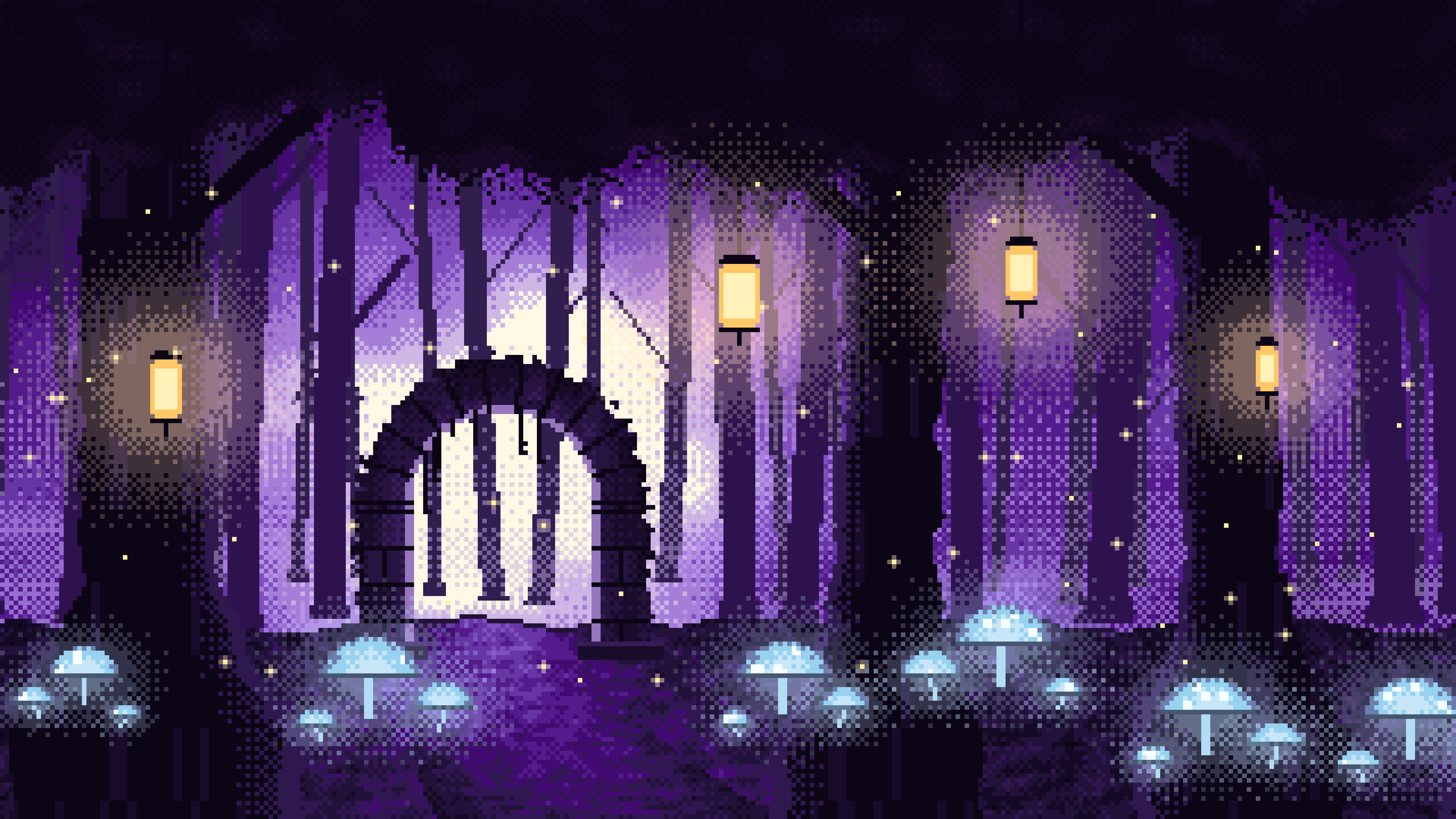 Dark Purple Pixel Art Enchanted Forest desktop wallpaper in 4K