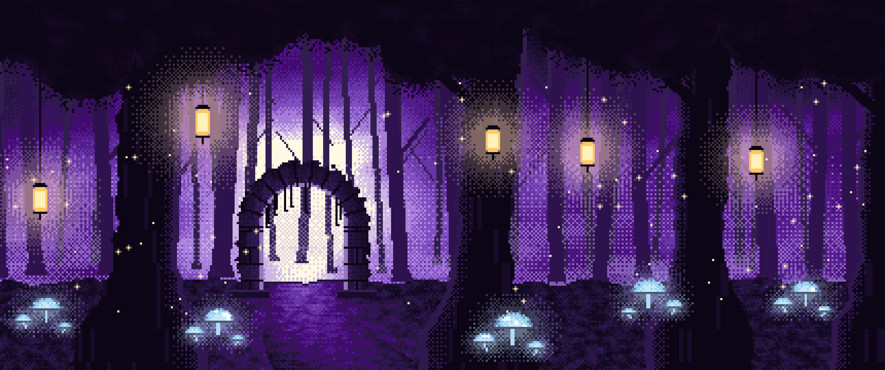 Dark Purple Pixel Art Enchanted Forest ultrawide wallpaper, 3440 × 1440
