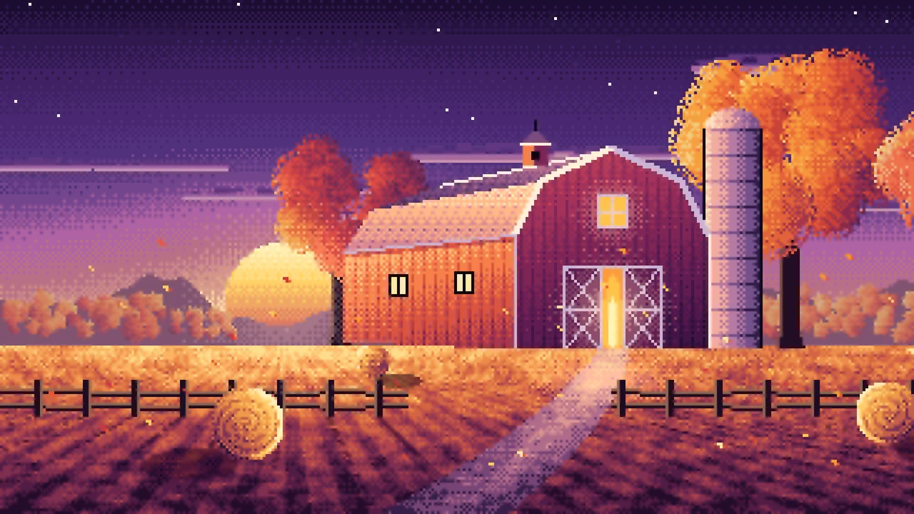 Dark Purple Pixel Art Fall Barn at Sunset desktop wallpaper in 4K