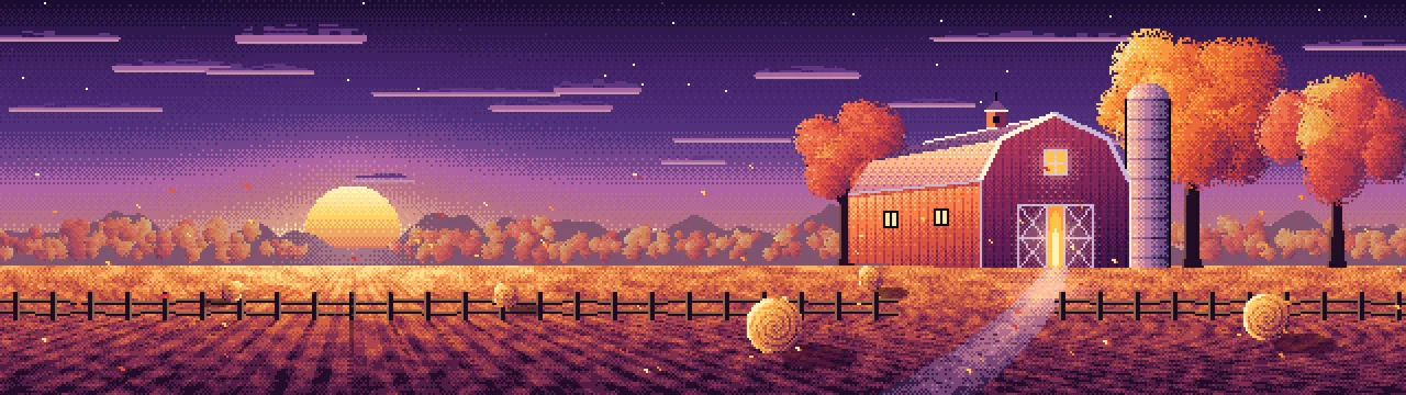 Dark Purple Pixel Art Fall Barn at Sunset dual monitor wallpaper, 7680 × 2160