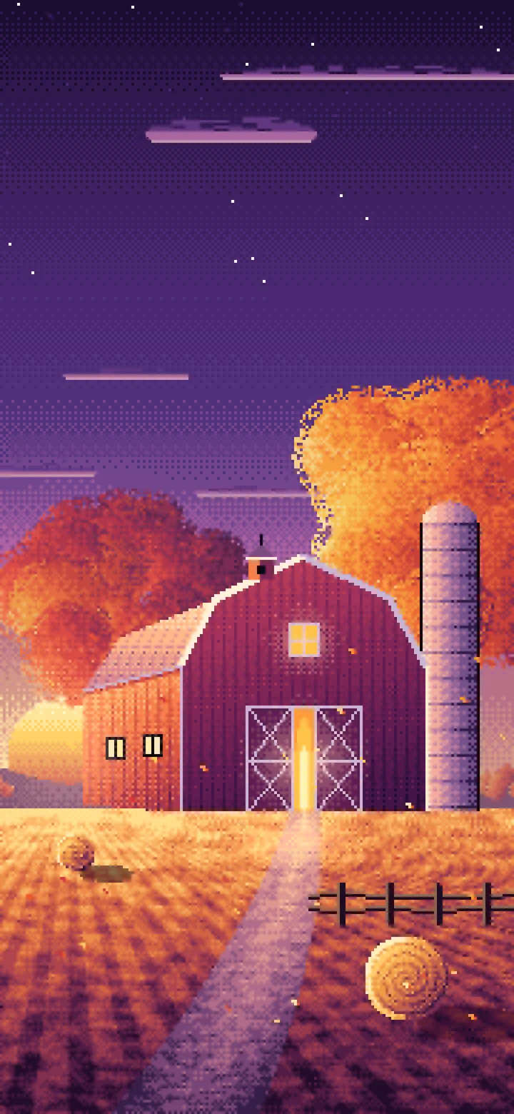 Dark Purple Pixel Art Fall Barn at Sunset wallpaper for iPhone and Android