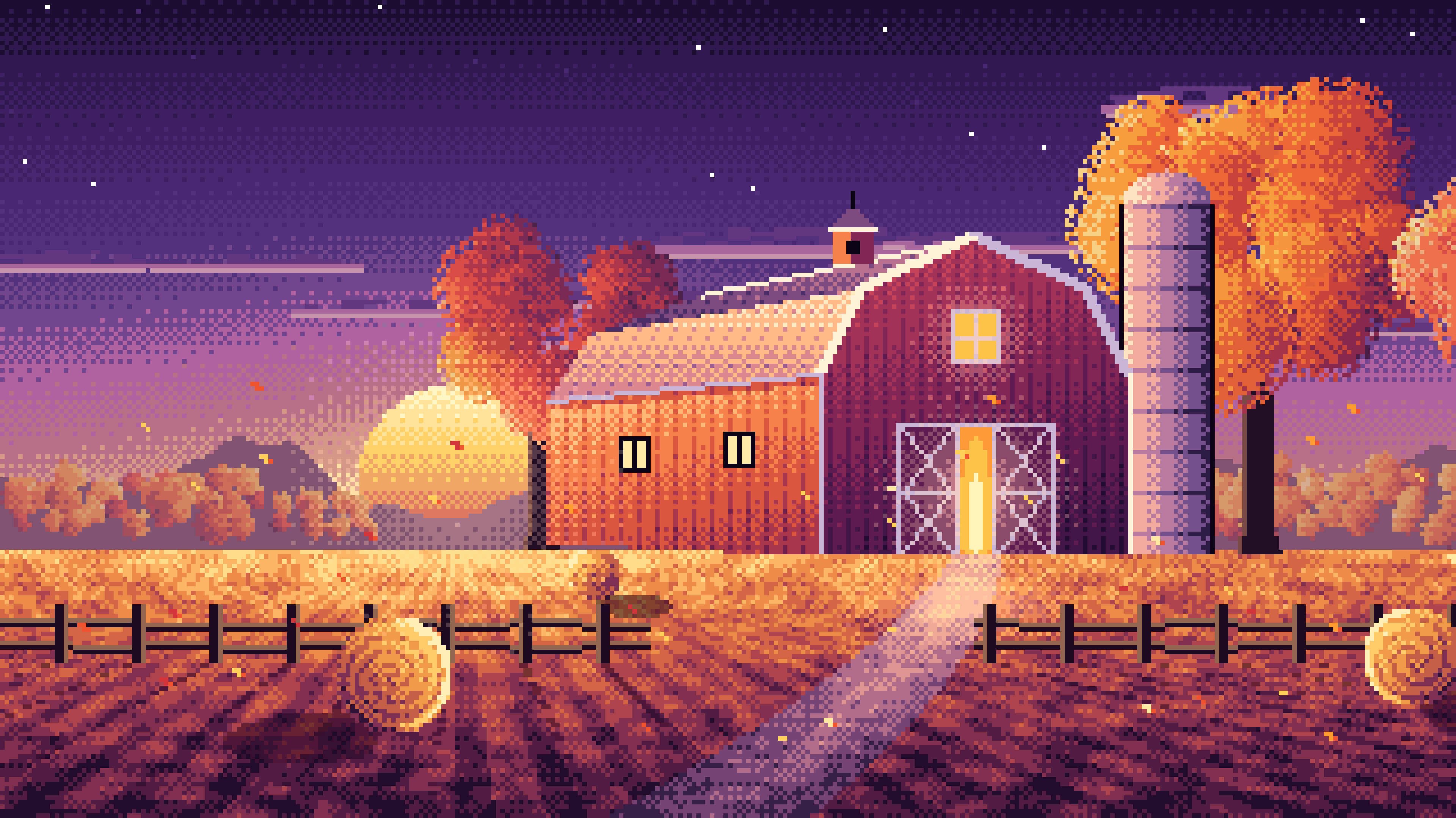 Dark Purple Pixel Art Fall Barn at Sunset desktop wallpaper in 4K