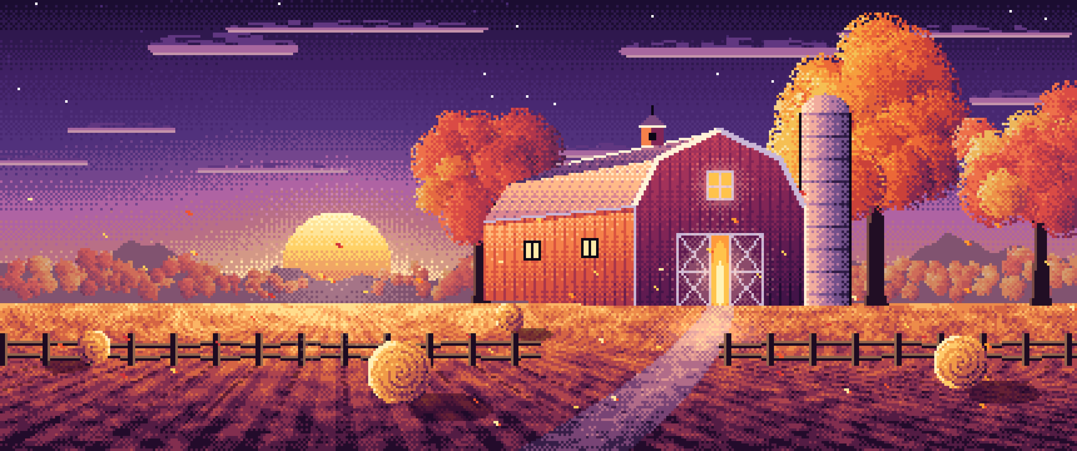 Dark Purple Pixel Art Fall Barn at Sunset ultrawide wallpaper, 3440 × 1440