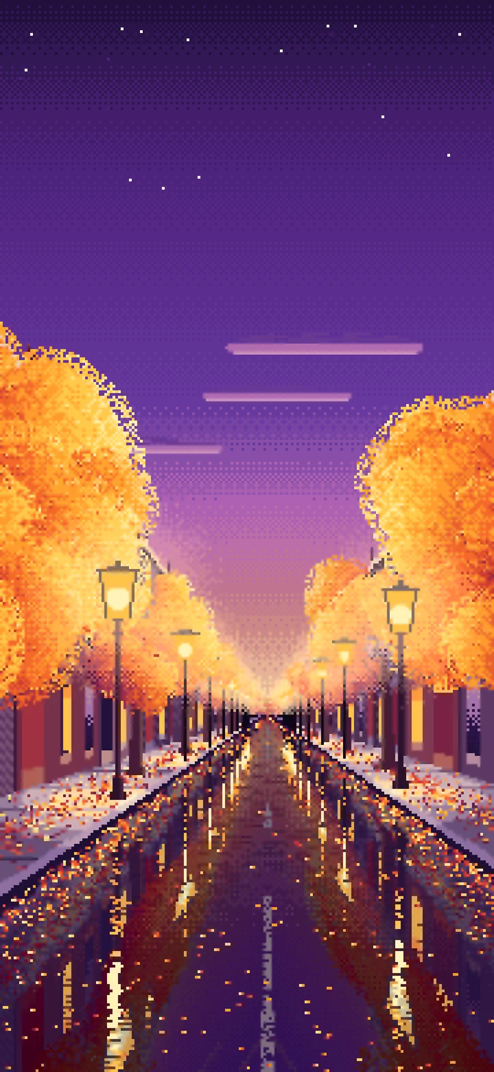 Dark Purple Pixel Art Fall City Street wallpaper for iPhone and Android