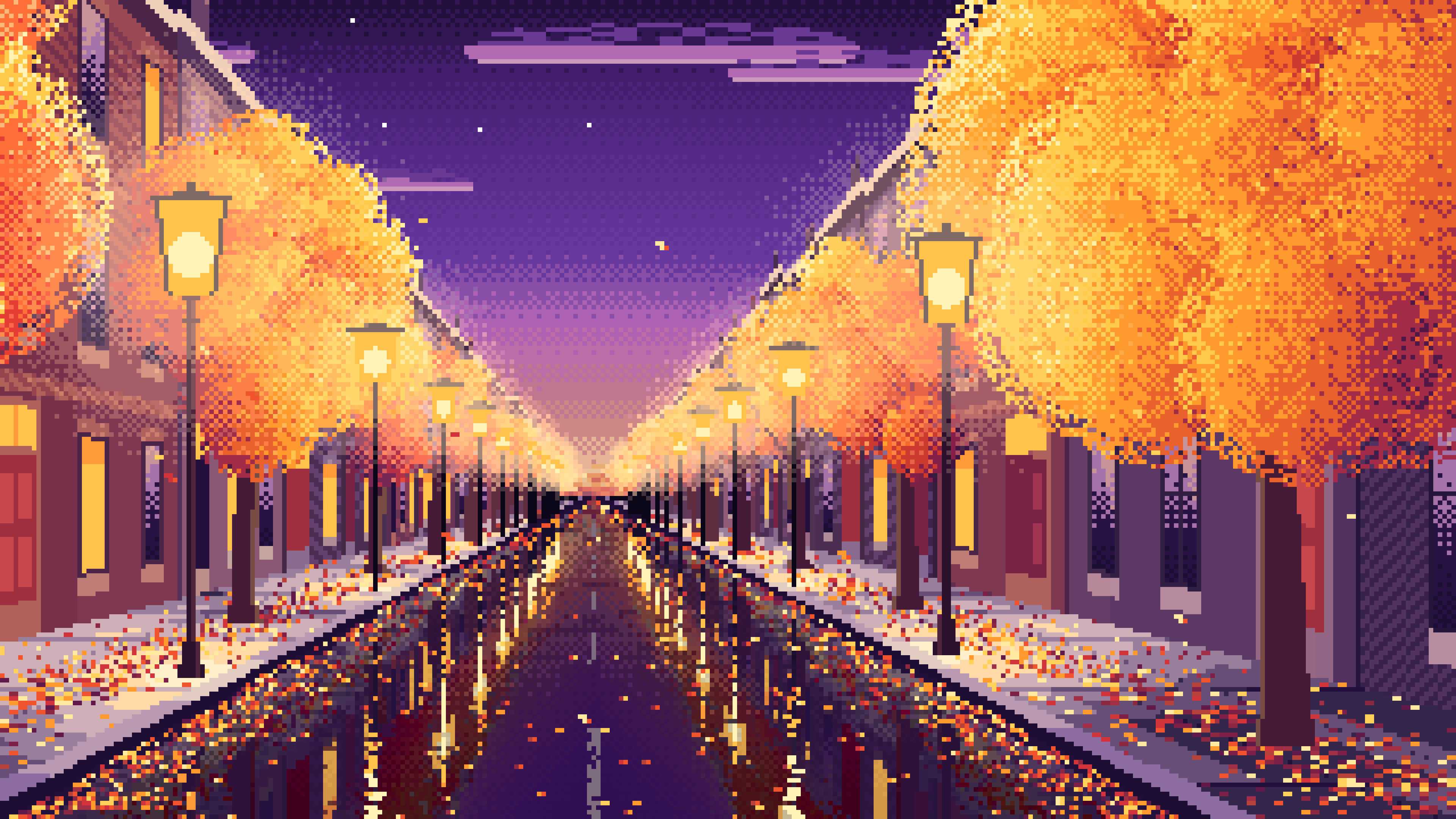 Dark Purple Pixel Art Fall City Street desktop wallpaper in 4K