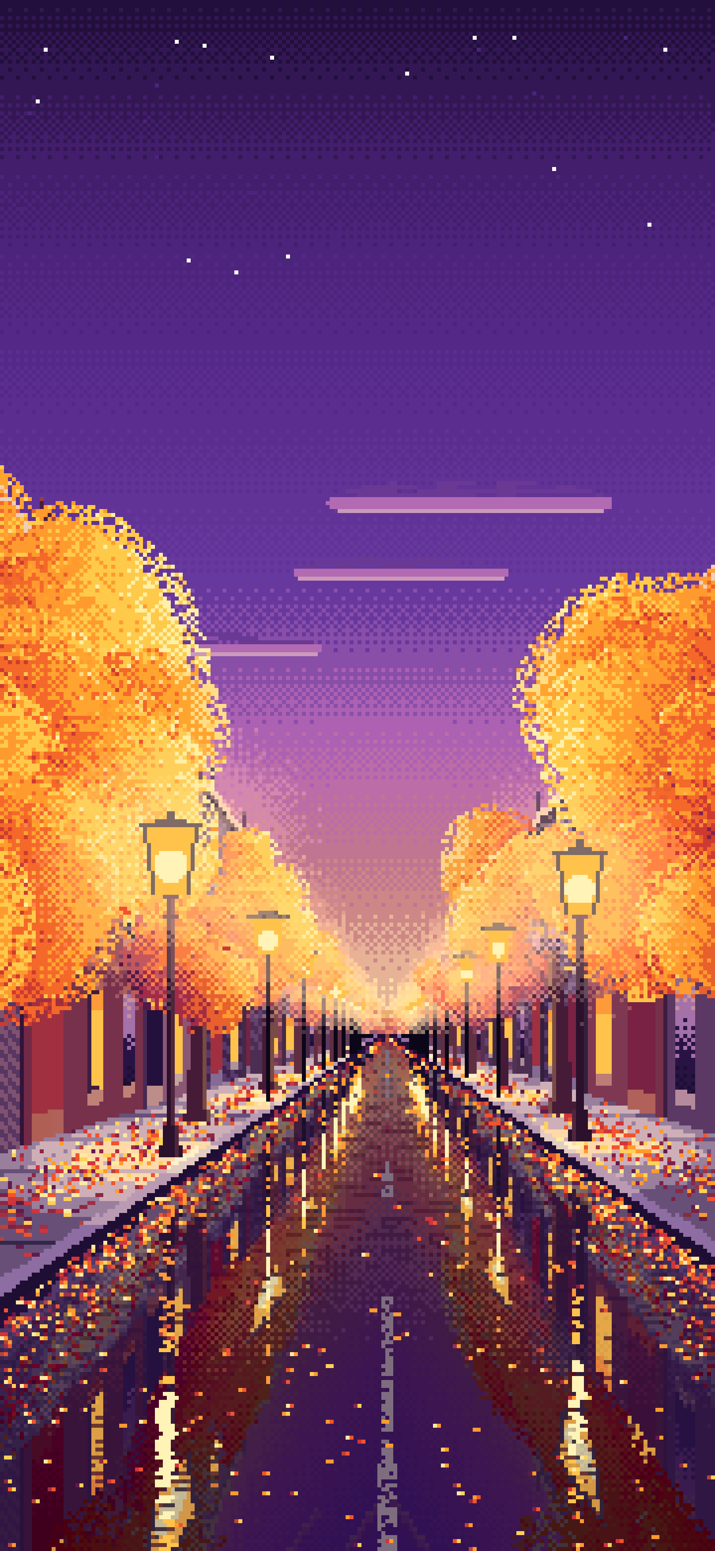 Dark Purple Pixel Art Fall City Street wallpaper for iPhone and Android