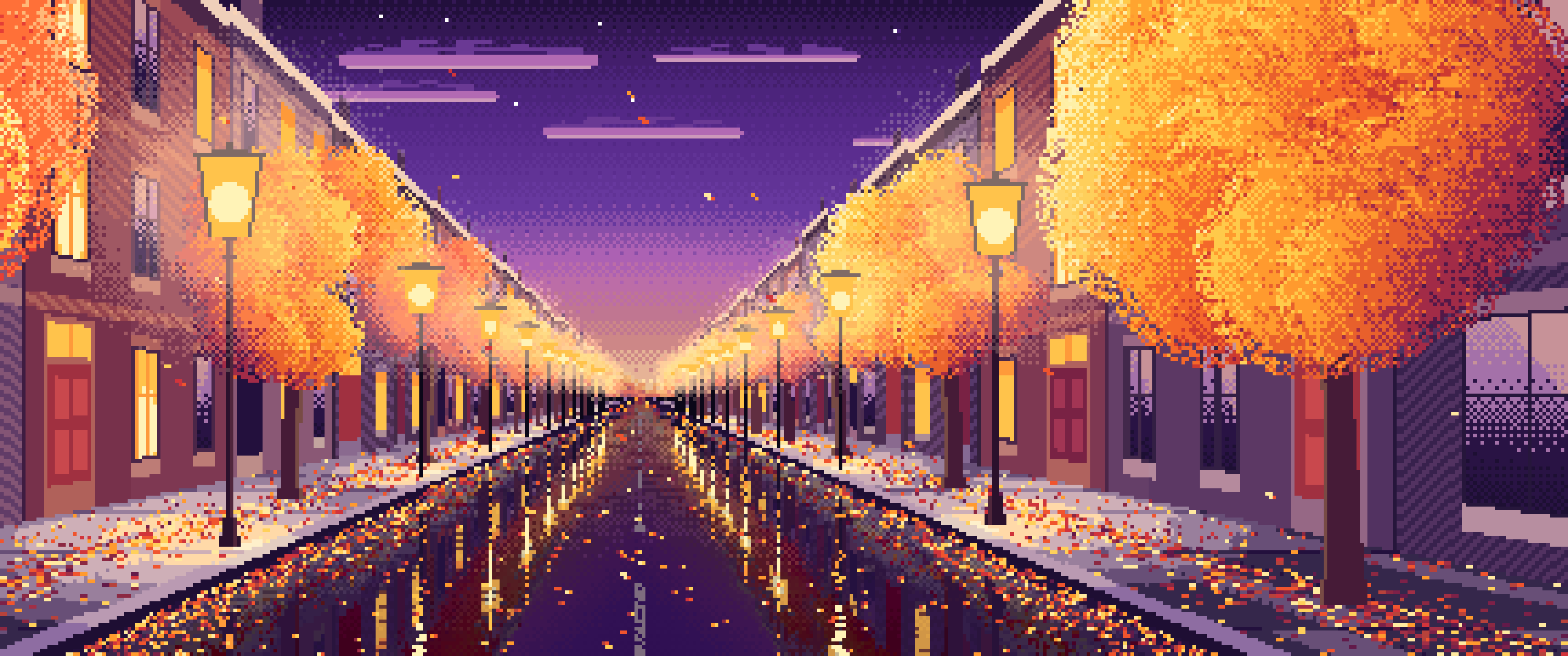 Dark Purple Pixel Art Fall City Street ultrawide wallpaper, 3440 × 1440