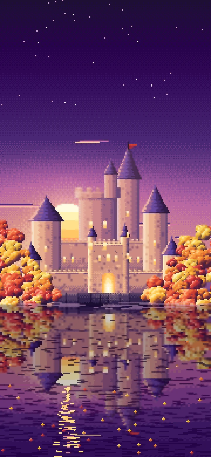 Dark Purple Pixel Art Fall Fantasy Castle on a Lake wallpaper for iPhone and Android