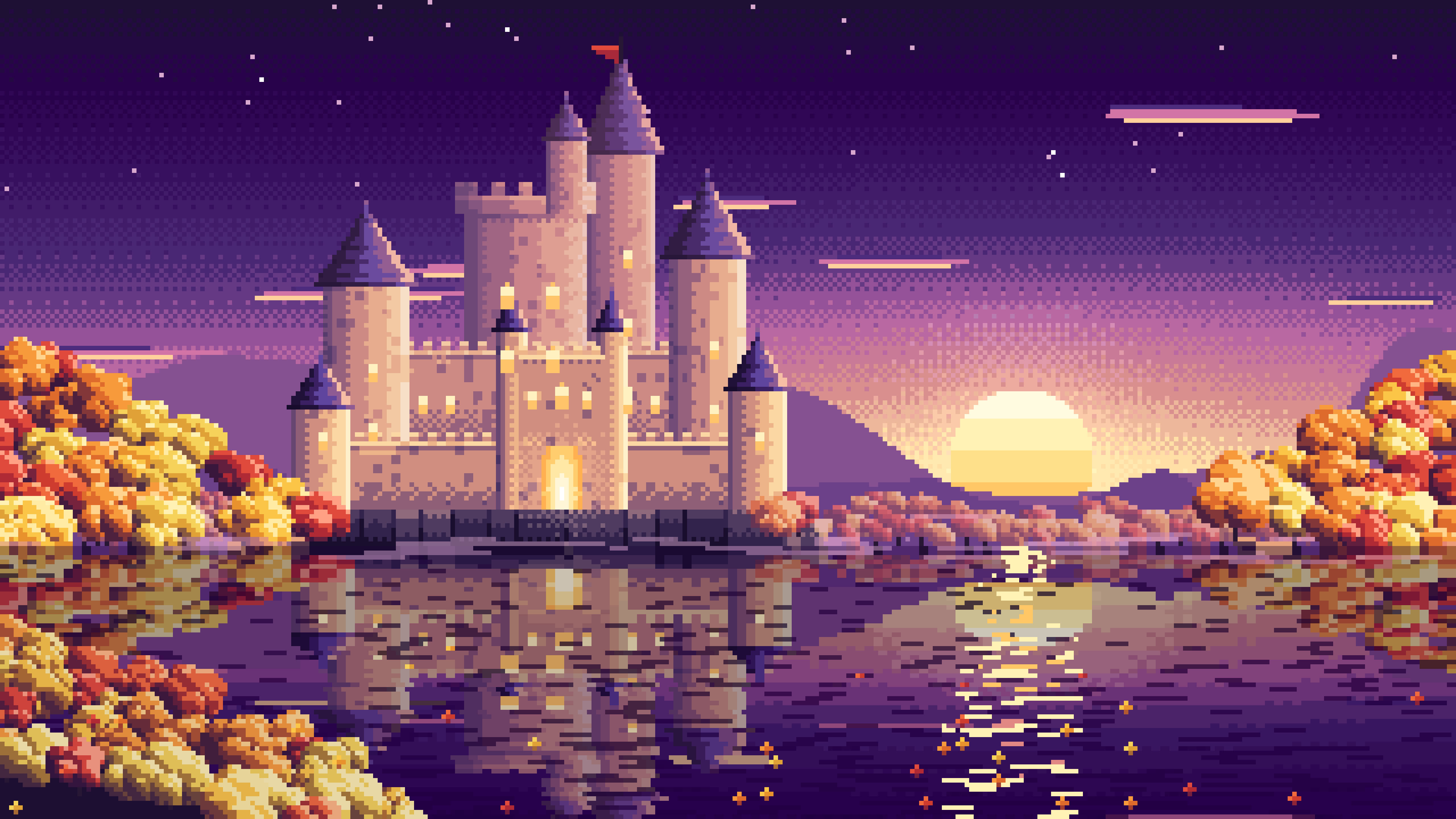 Dark Purple Pixel Art Fall Fantasy Castle on a Lake desktop wallpaper in 4K
