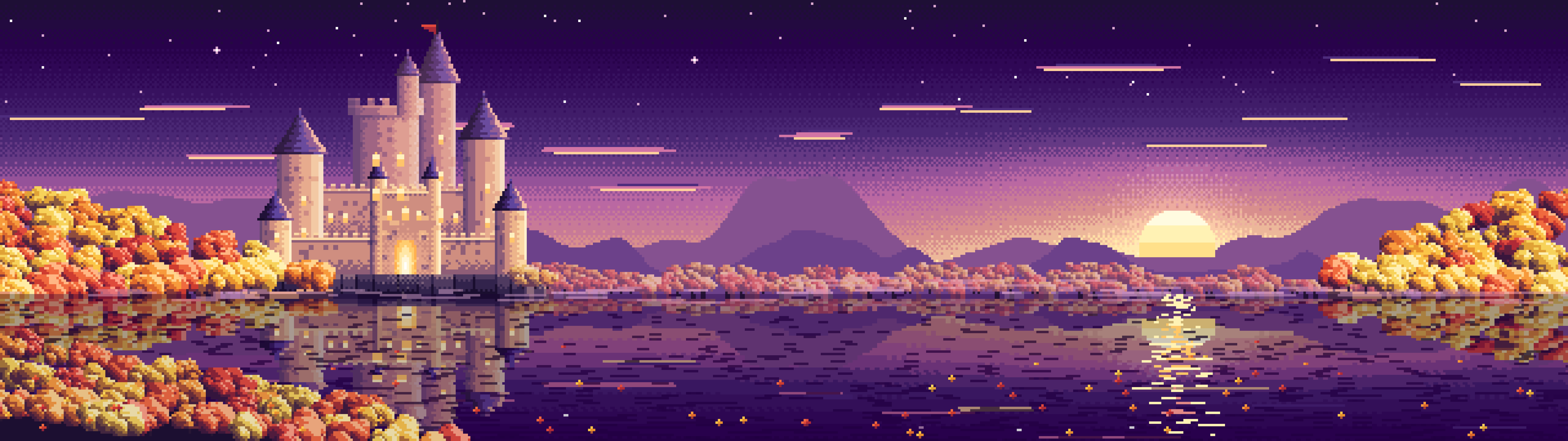 Dark Purple Pixel Art Fall Fantasy Castle on a Lake dual monitor wallpaper, 7680 × 2160