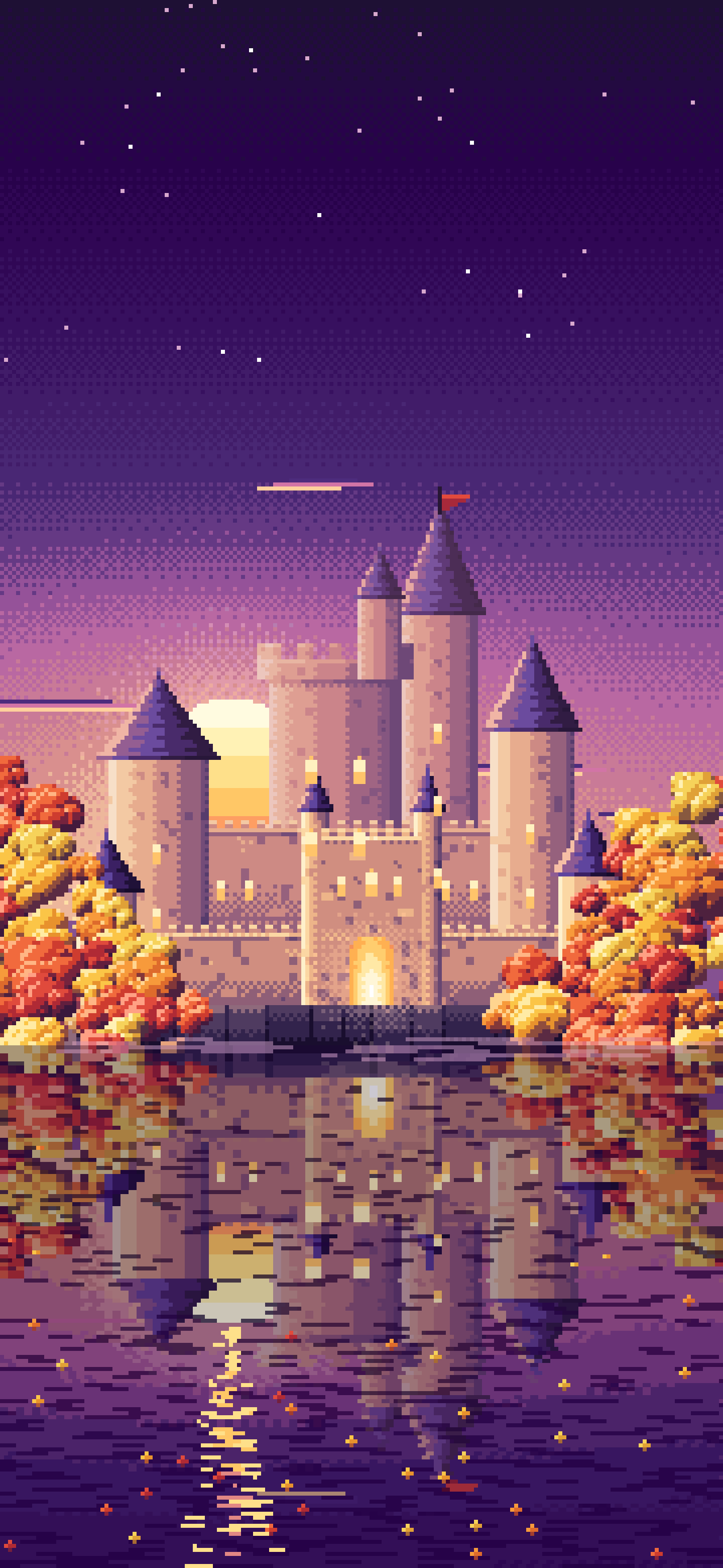 Dark Purple Pixel Art Fall Fantasy Castle on a Lake wallpaper for iPhone and Android