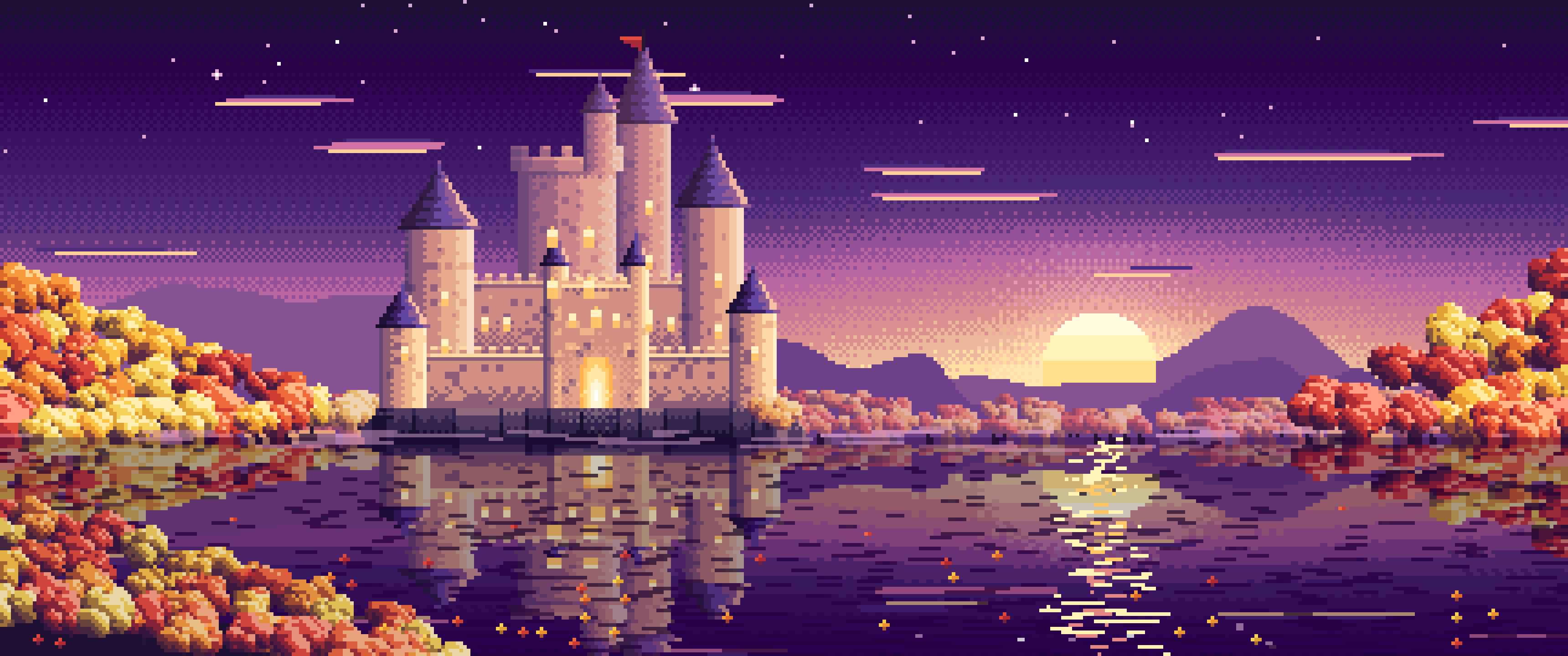 Dark Purple Pixel Art Fall Fantasy Castle on a Lake ultrawide wallpaper, 3440 × 1440