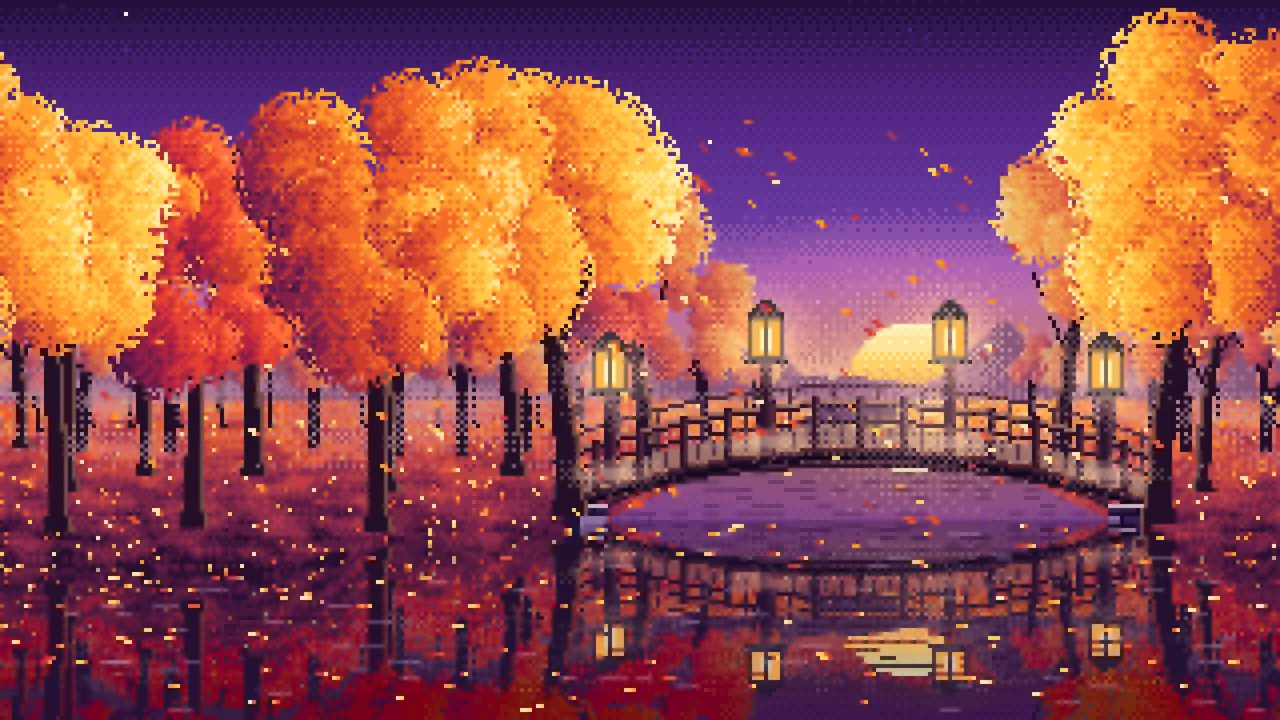 Dark Purple Pixel Art Fall Forest Bridge at Dusk desktop wallpaper in 4K