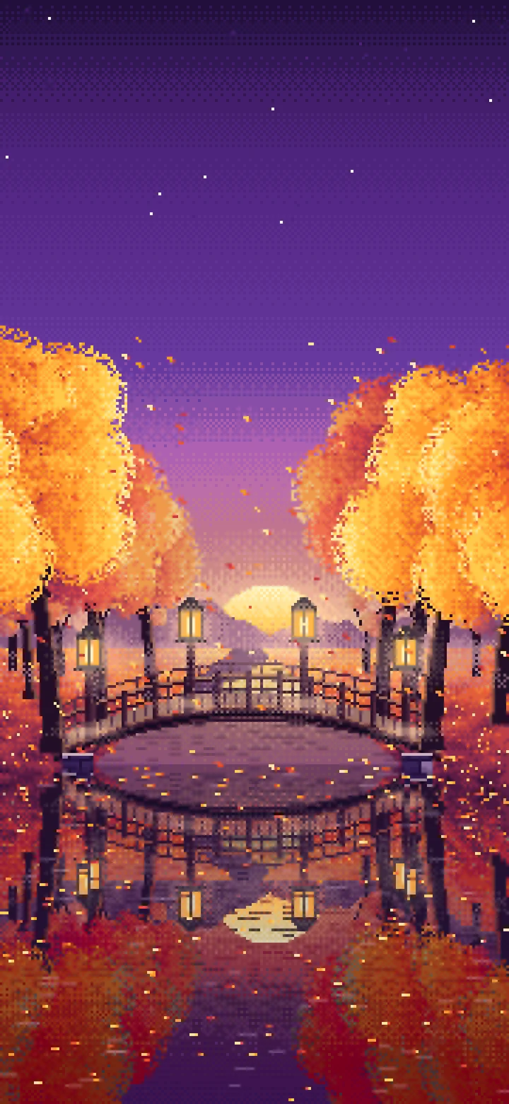 Dark Purple Pixel Art Fall Forest Bridge at Dusk wallpaper for iPhone and Android