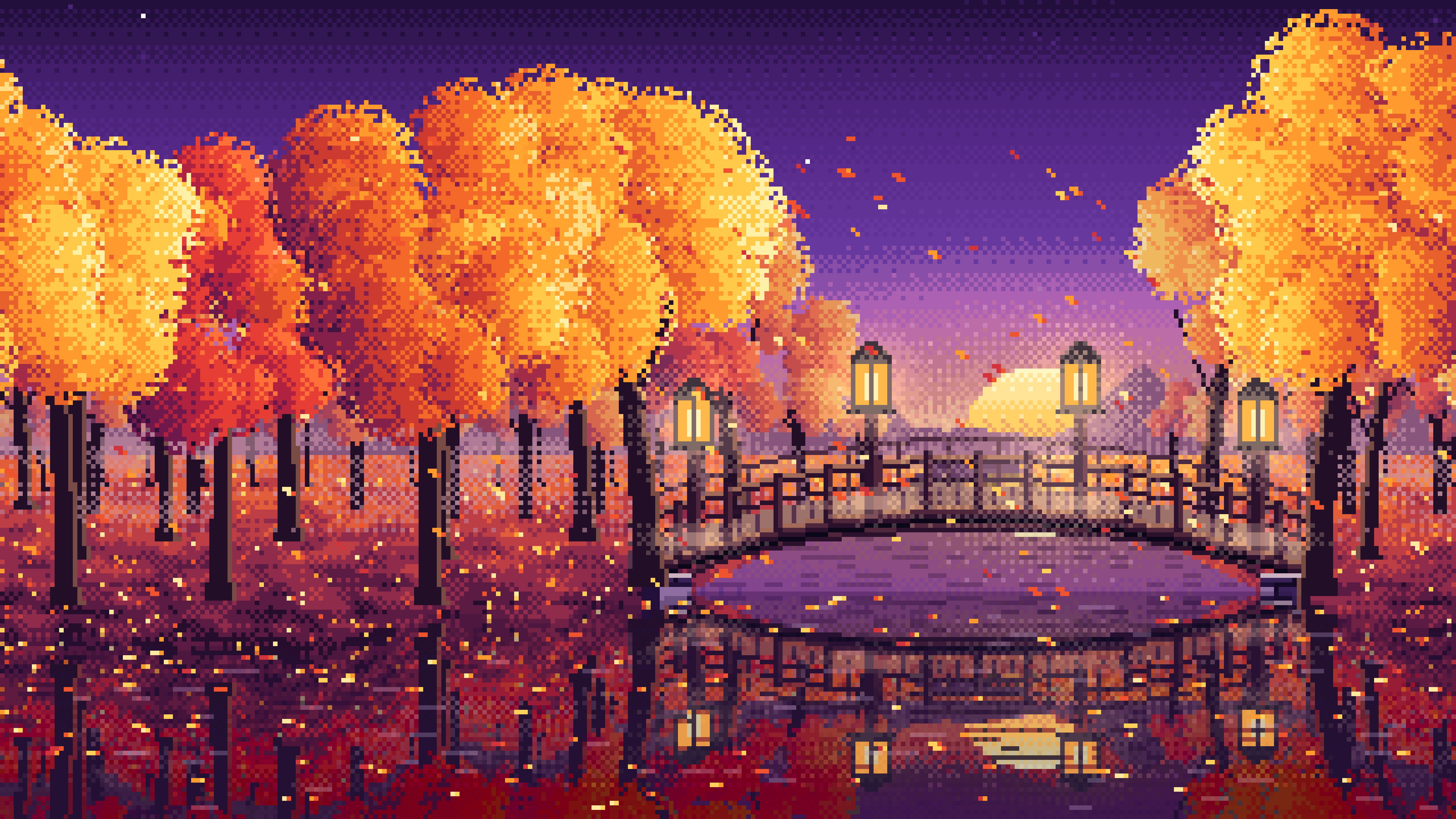 Dark Purple Pixel Art Fall Forest Bridge at Dusk desktop wallpaper in 4K