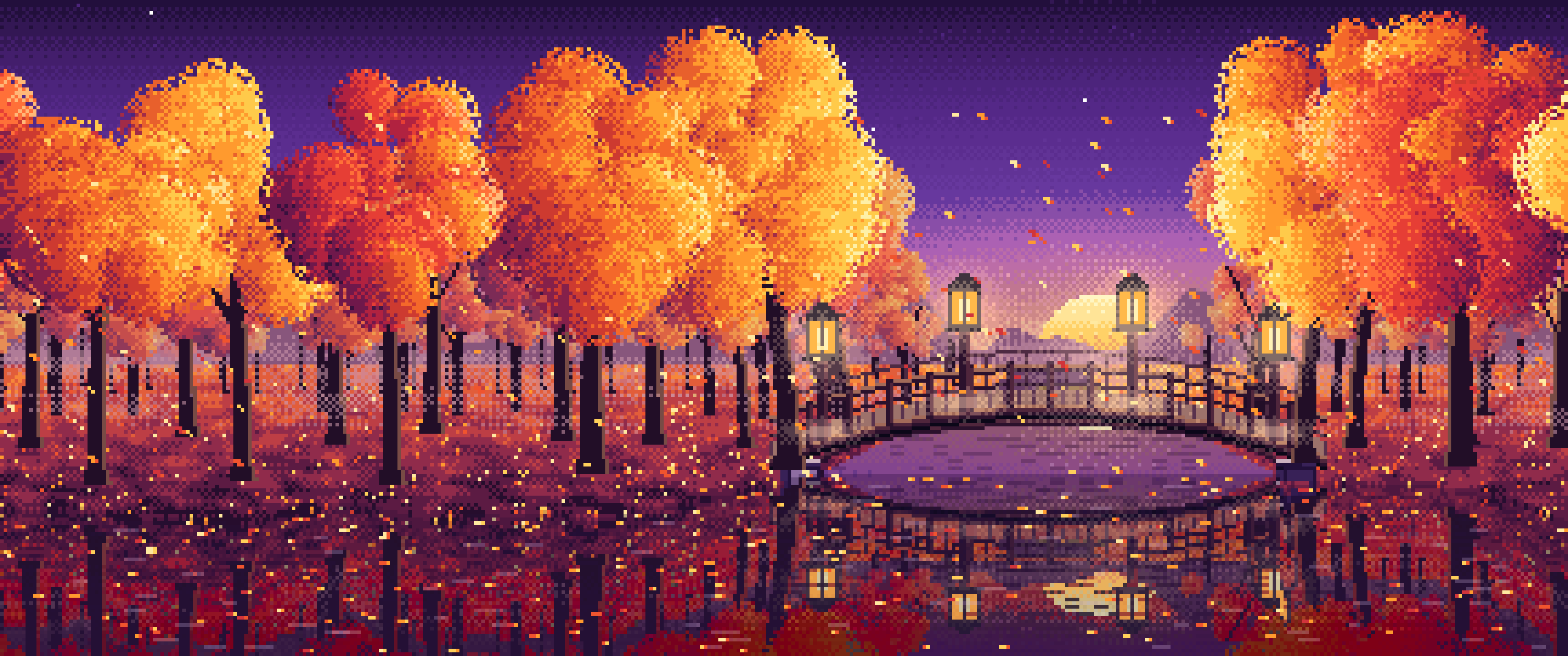 Dark Purple Pixel Art Fall Forest Bridge at Dusk ultrawide wallpaper, 3440 × 1440