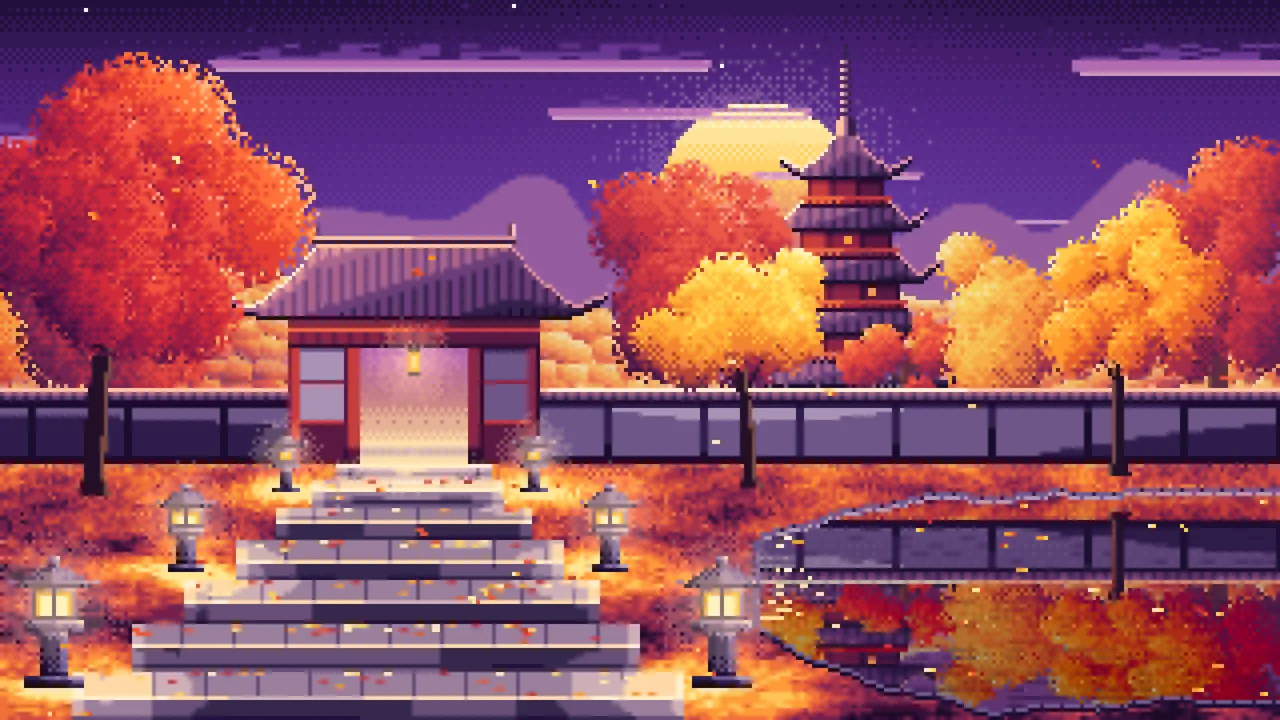 Dark Purple Pixel Art Fall Japanese Temple desktop wallpaper in 4K