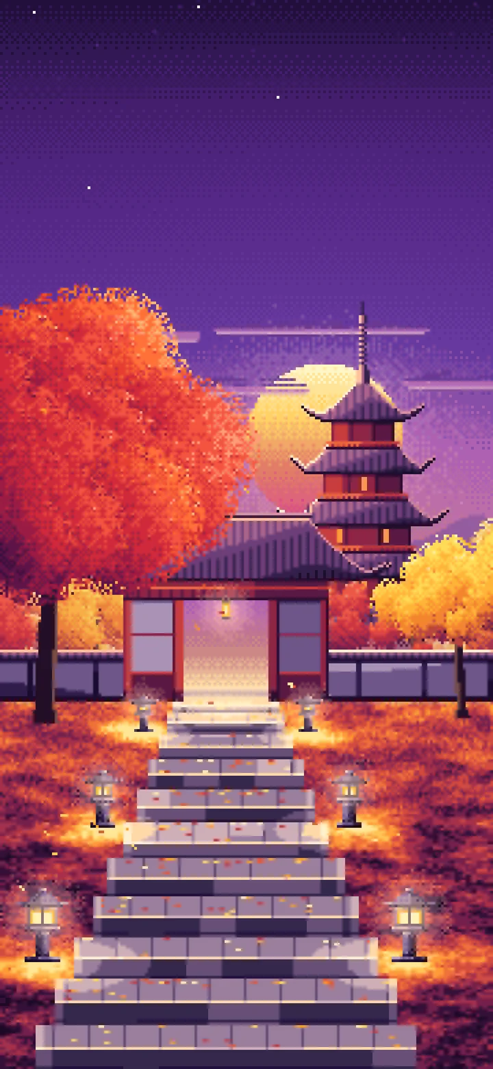 Dark Purple Pixel Art Fall Japanese Temple wallpaper for iPhone and Android